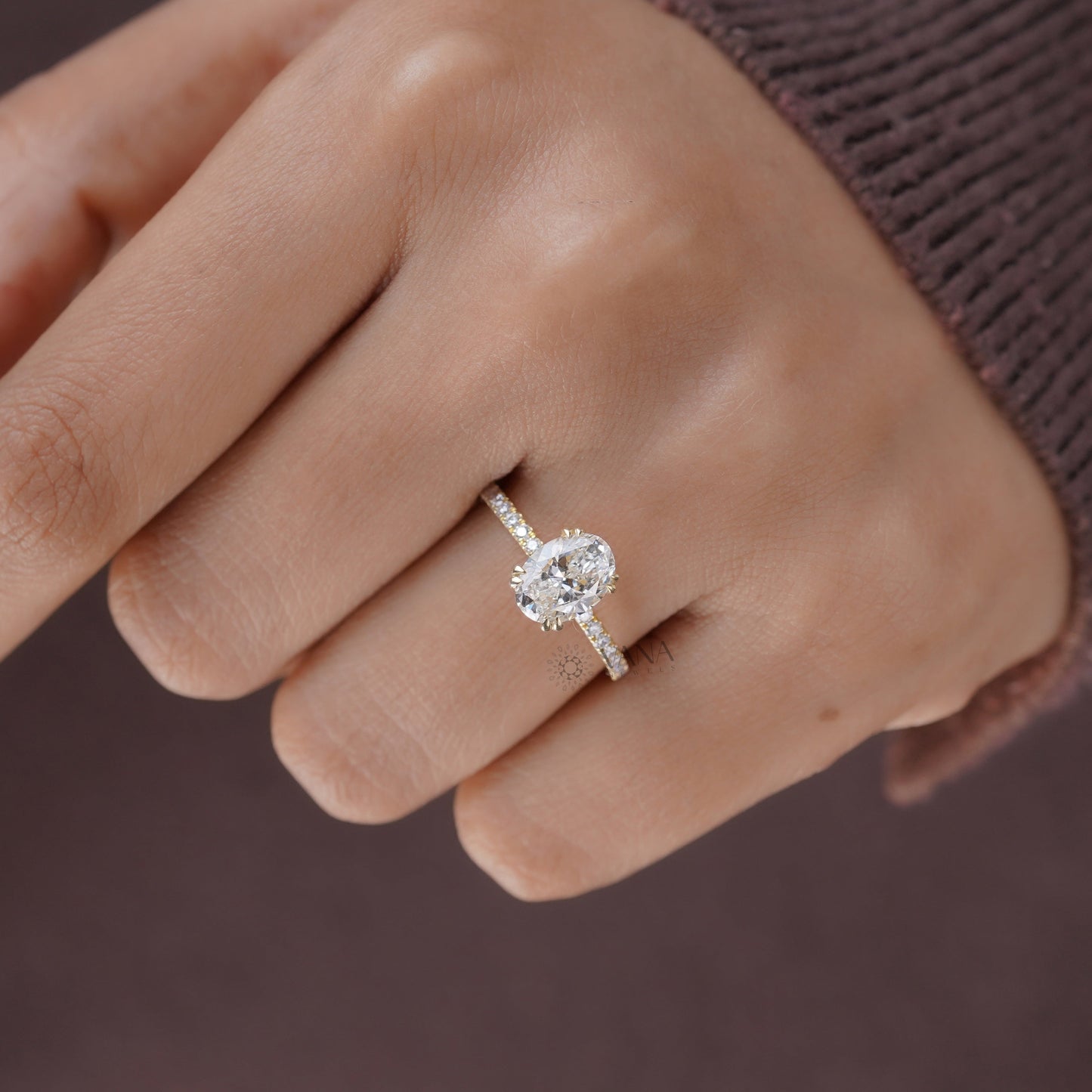 Oval Cut Moissanite Hidden Halo Engagement Ring with Pave and Double Claw Prong Setting