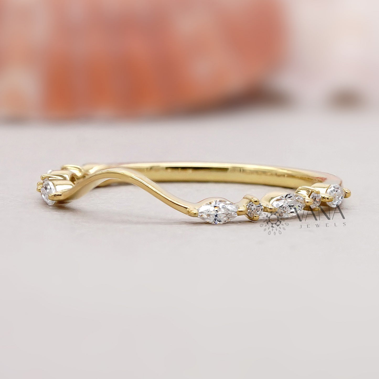 Marquise & Round Diamond Chevron Wedding Band, Lab Grown Diamond Stacking Ring