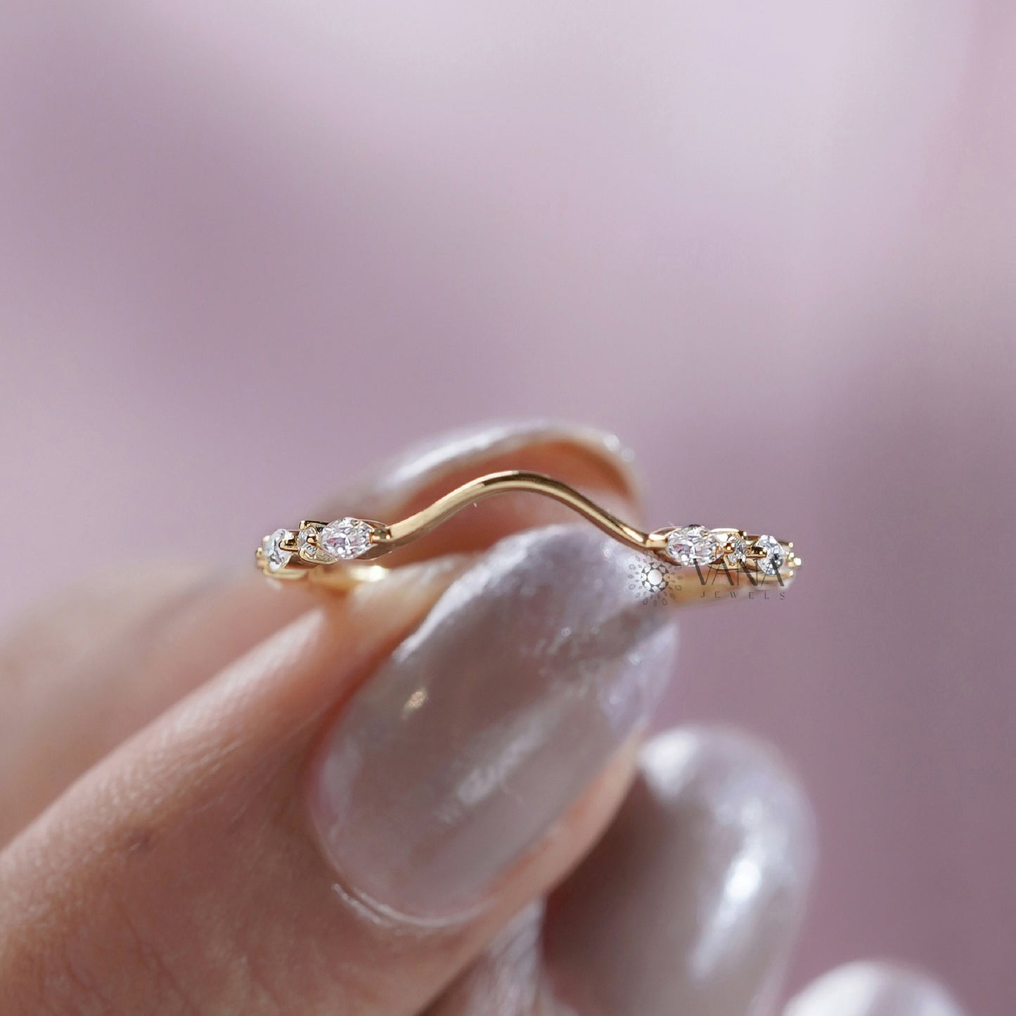 Marquise & Round Diamond Chevron Wedding Band, Lab Grown Diamond Stacking Ring