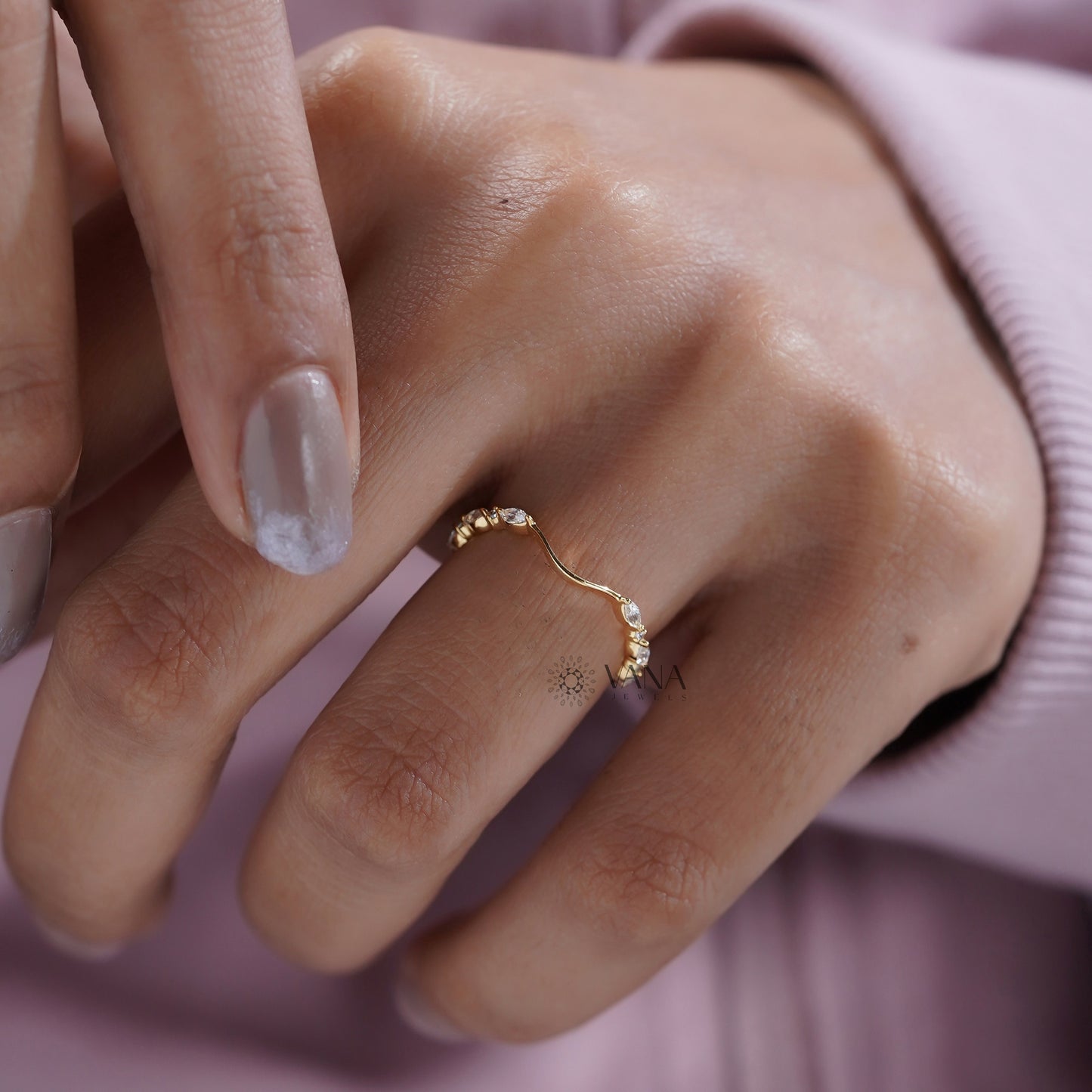 Marquise & Round Diamond Chevron Wedding Band, Lab Grown Diamond Stacking Ring