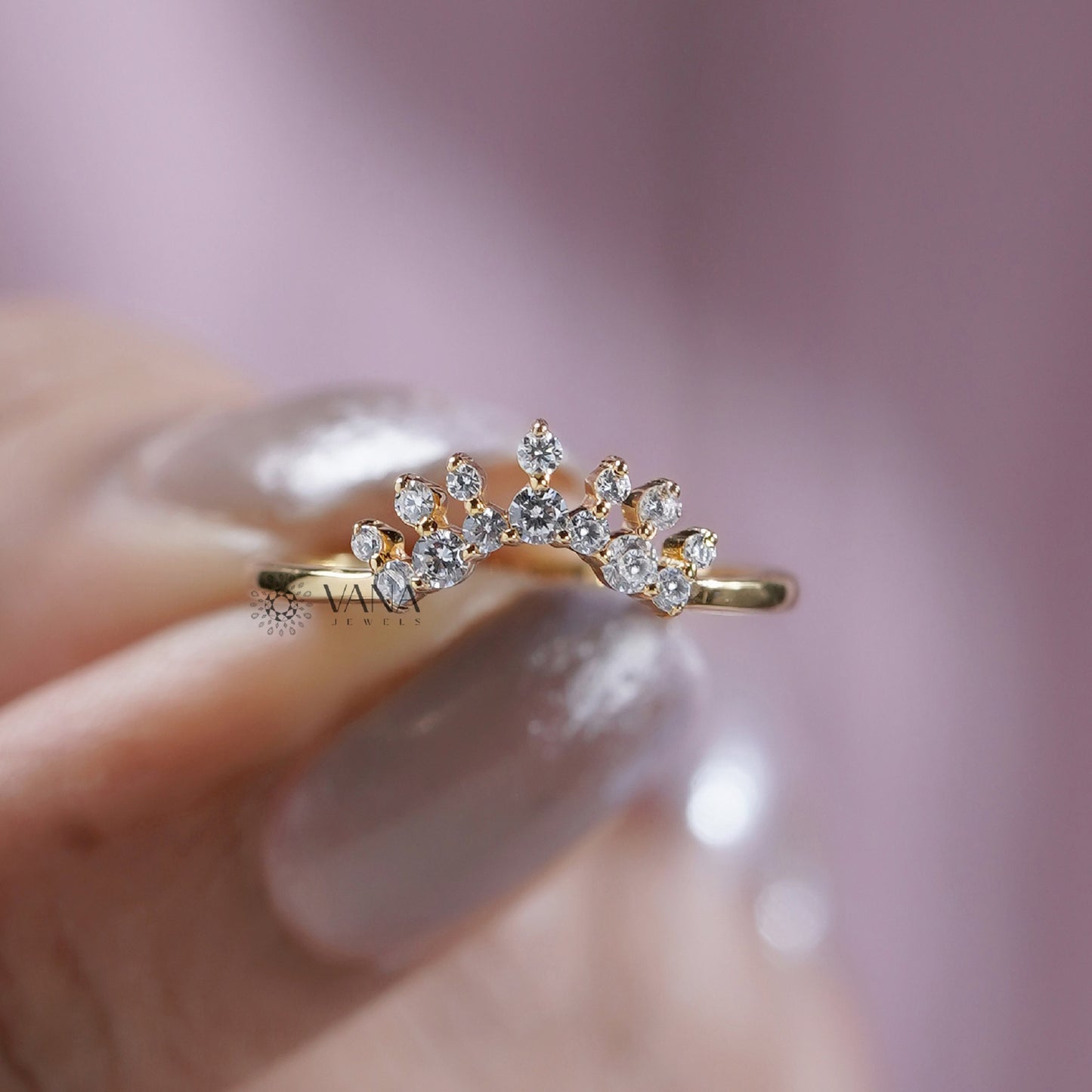 Crown Diamond Band Ring Guard in Yellow Gold Lab Grown Diamond Stacking Ring