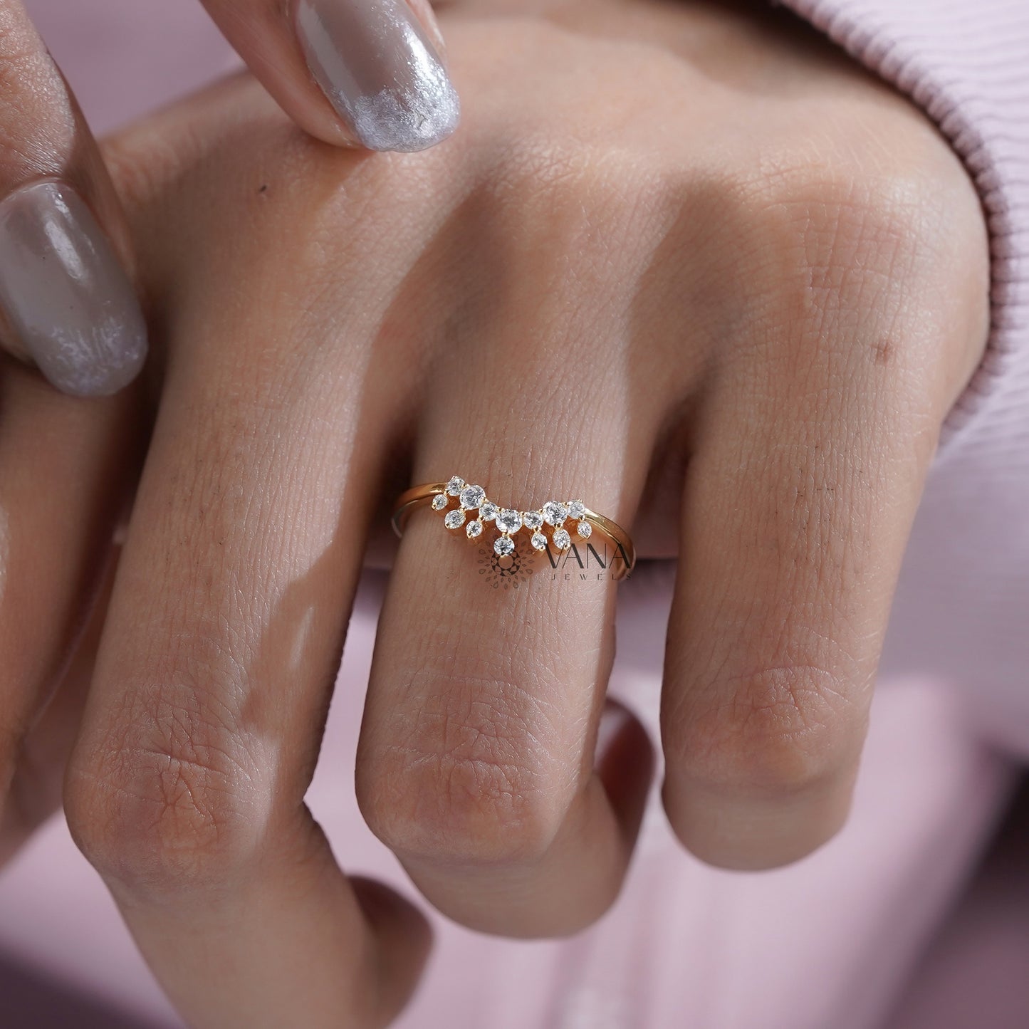 Crown Diamond Band Ring Guard in Yellow Gold Lab Grown Diamond Stacking Ring