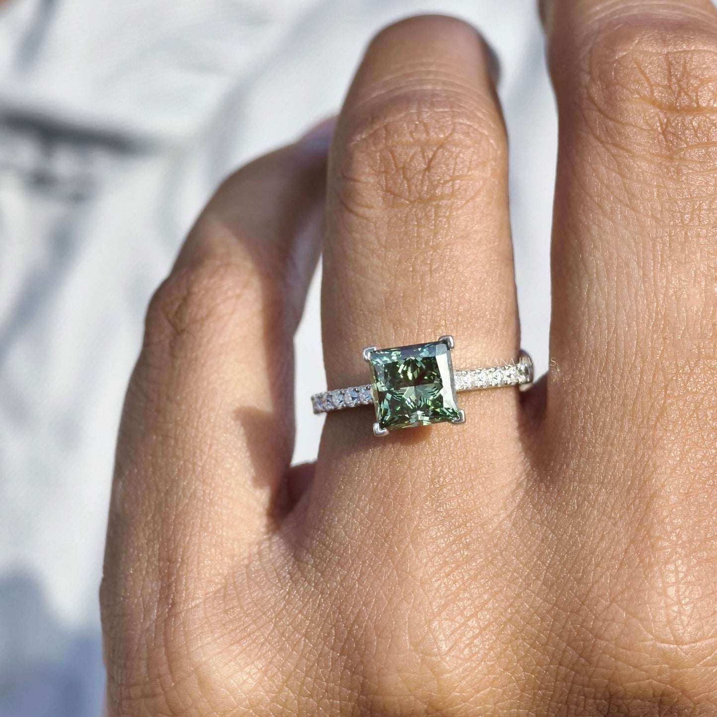 Green Princess Cut Lab Grown Diamond Engagement Ring - Pave Setting