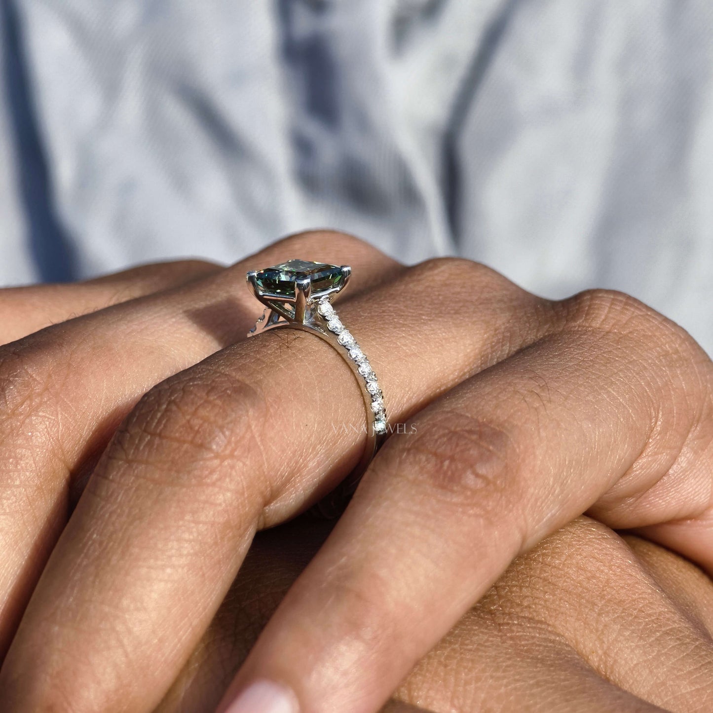 Green Princess Cut Lab Grown Diamond Engagement Ring - Pave Setting