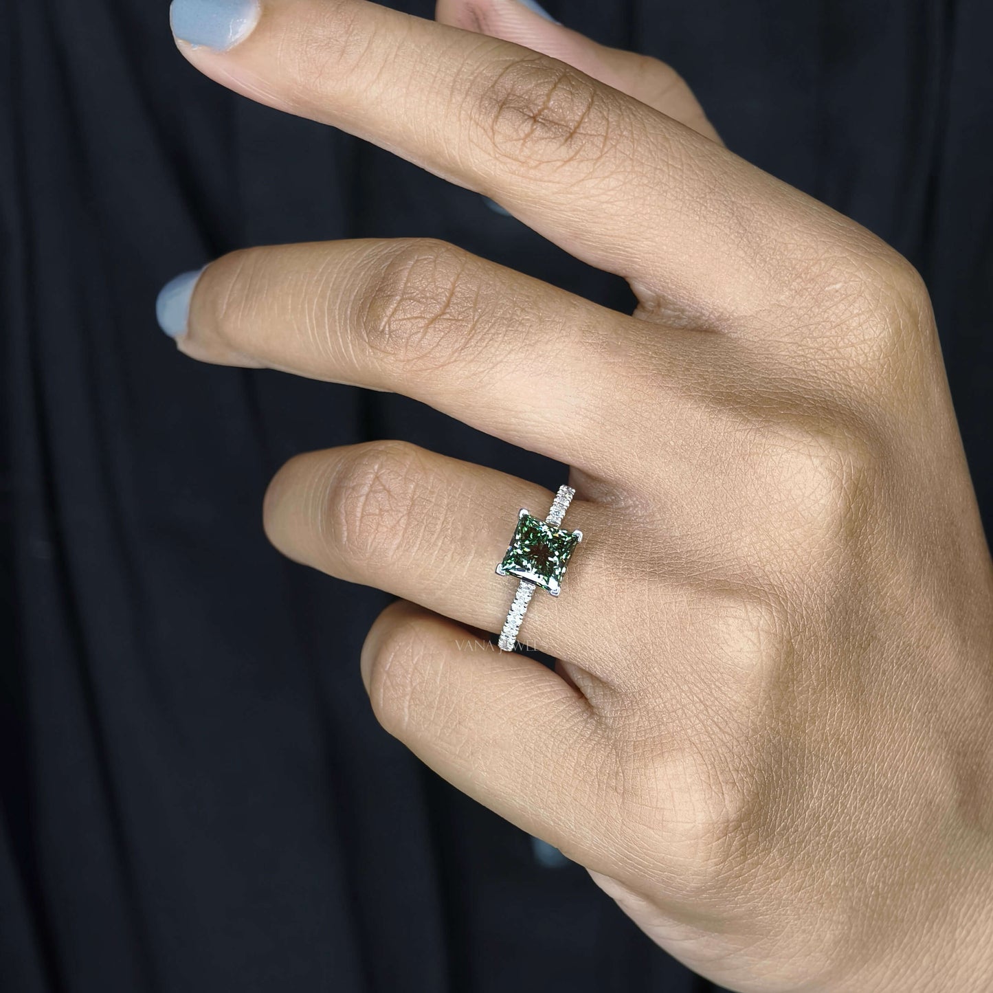Green Princess Cut Lab Grown Diamond Engagement Ring - Pave Setting