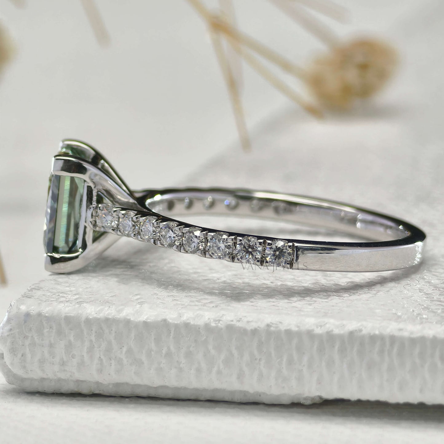 Green Princess Cut Lab Grown Diamond Engagement Ring - Pave Setting