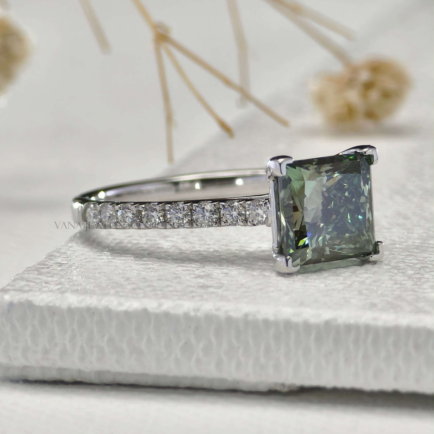 Green Princess Cut Lab Grown Diamond Engagement Ring - Pave Setting