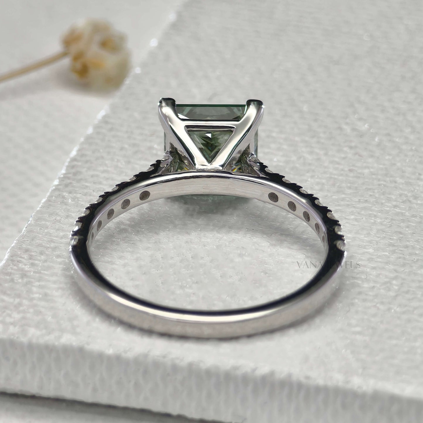 Green Princess Cut Lab Grown Diamond Engagement Ring - Pave Setting