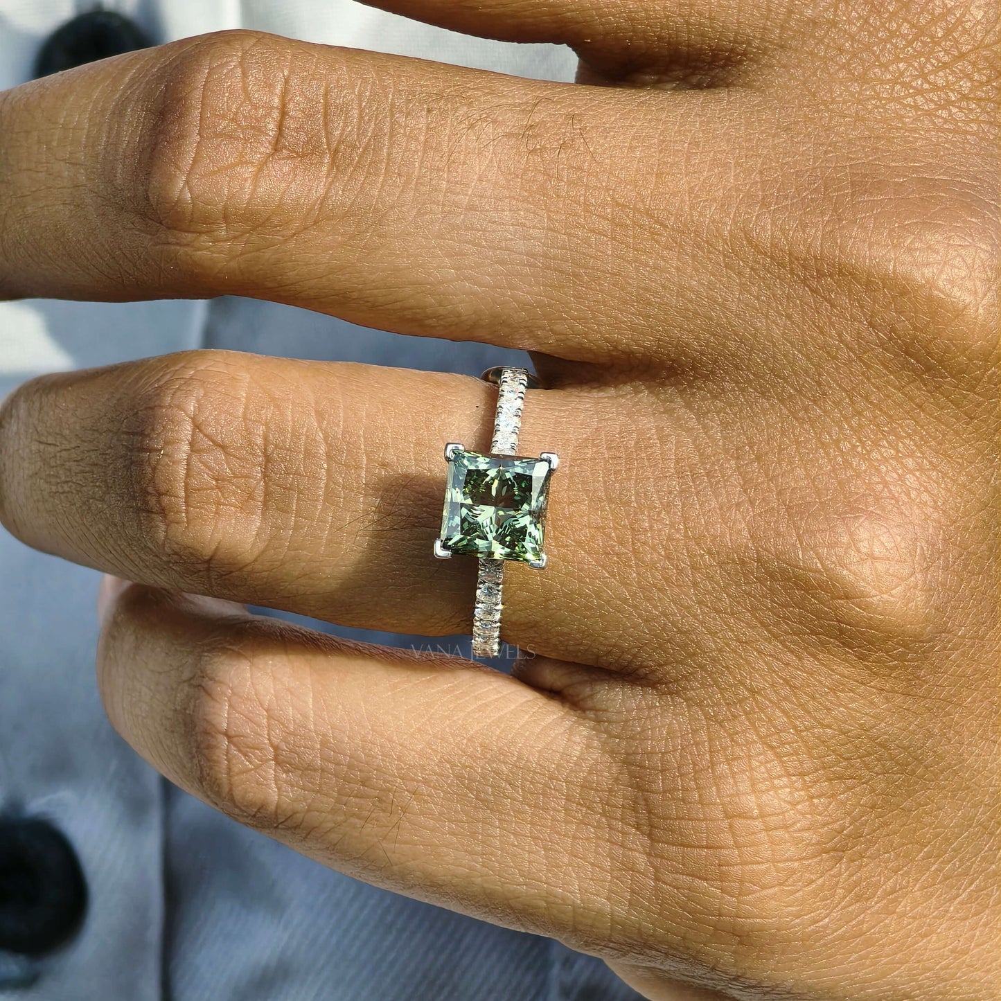 Green Princess Cut Lab Grown Diamond Engagement Ring - Pave Setting