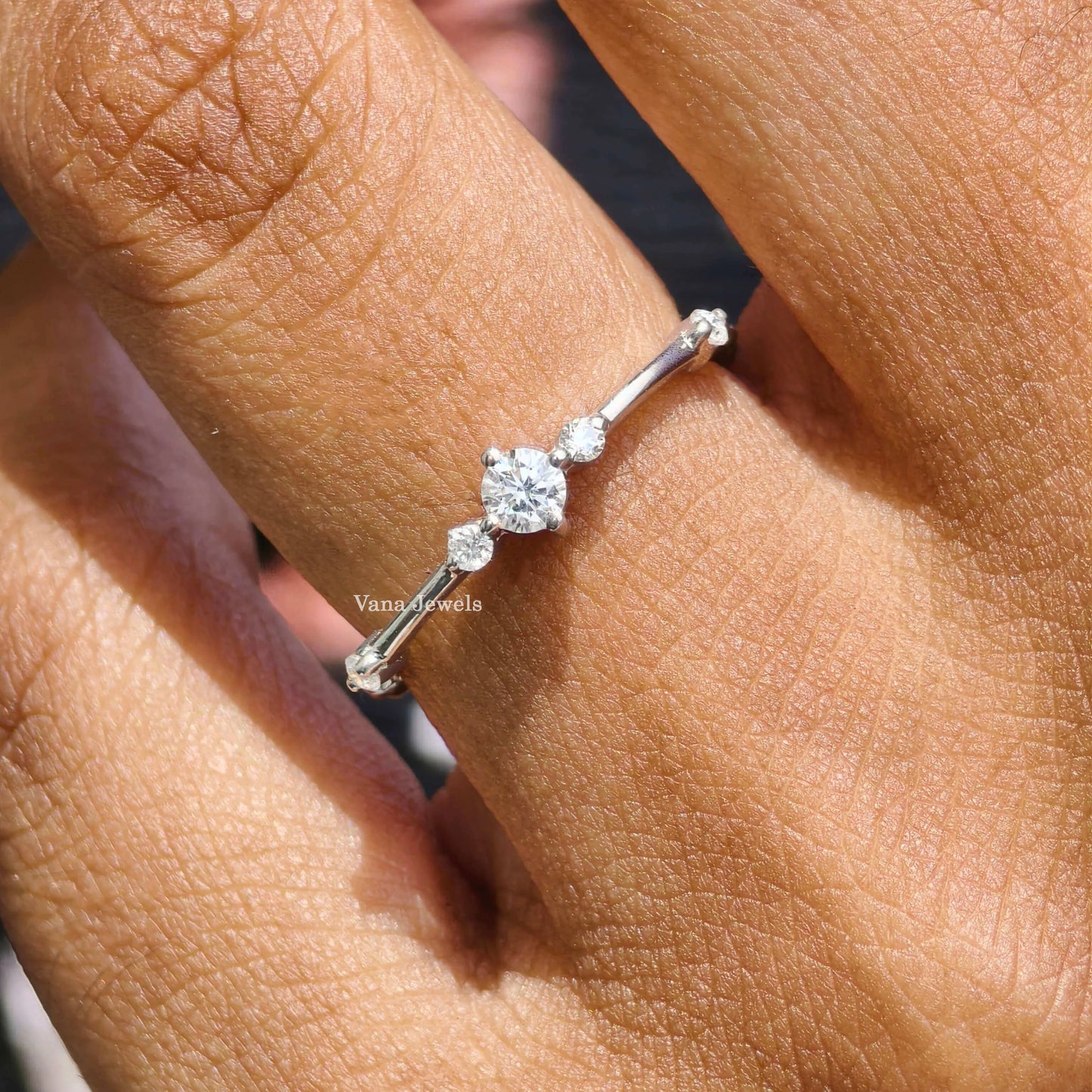 Round Cut Moissanite band, Delicate Distance Pave Wedding Band