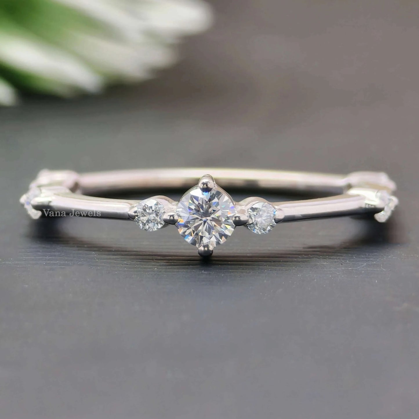 Round Cut Moissanite band, Delicate Distance Pave Wedding Band