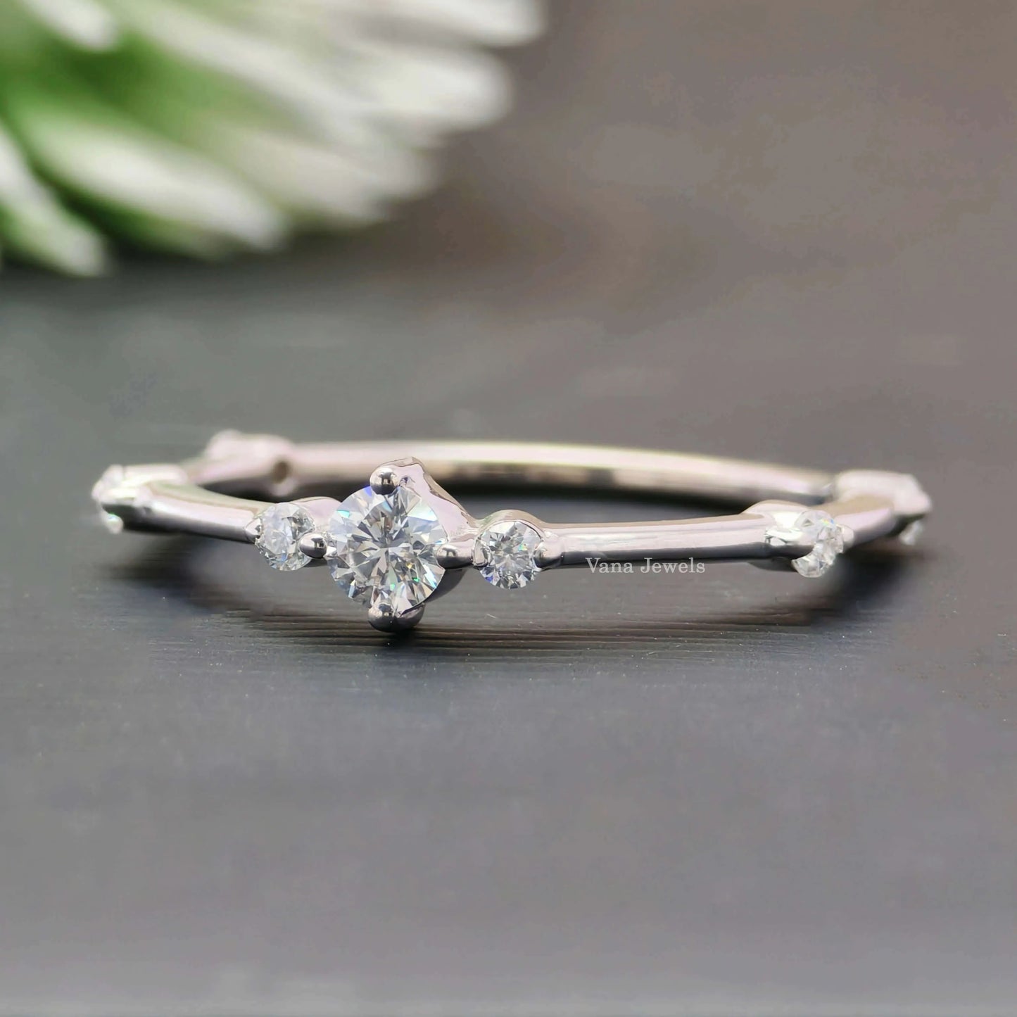 Round Cut Moissanite band, Delicate Distance Pave Wedding Band