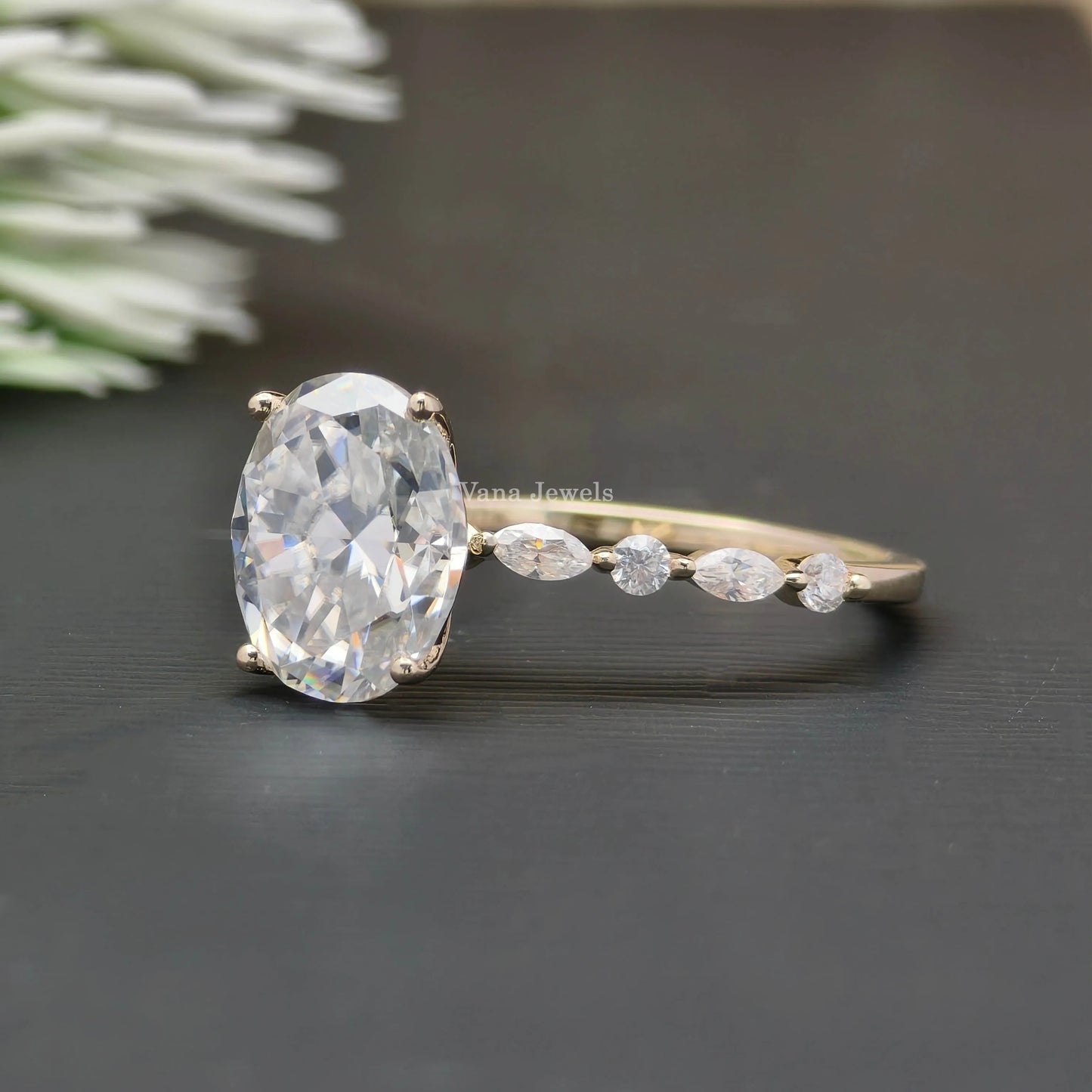 Oval Cut Moissanite Engagement Ring with Marquise & Round Side Stones, 14K Yellow Gold Wedding Band