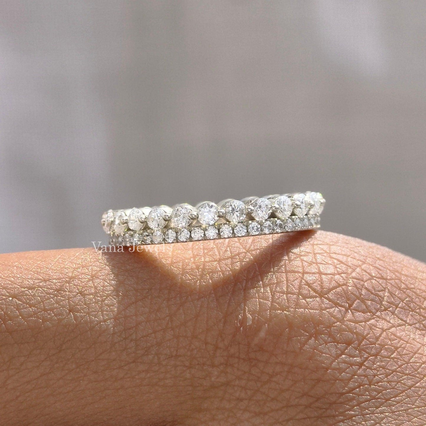 Round Cut Colorless Moissanite Wedding Band, Minimalist Bridal Matching Band, Vintage Stackable Band - Vana Jewels