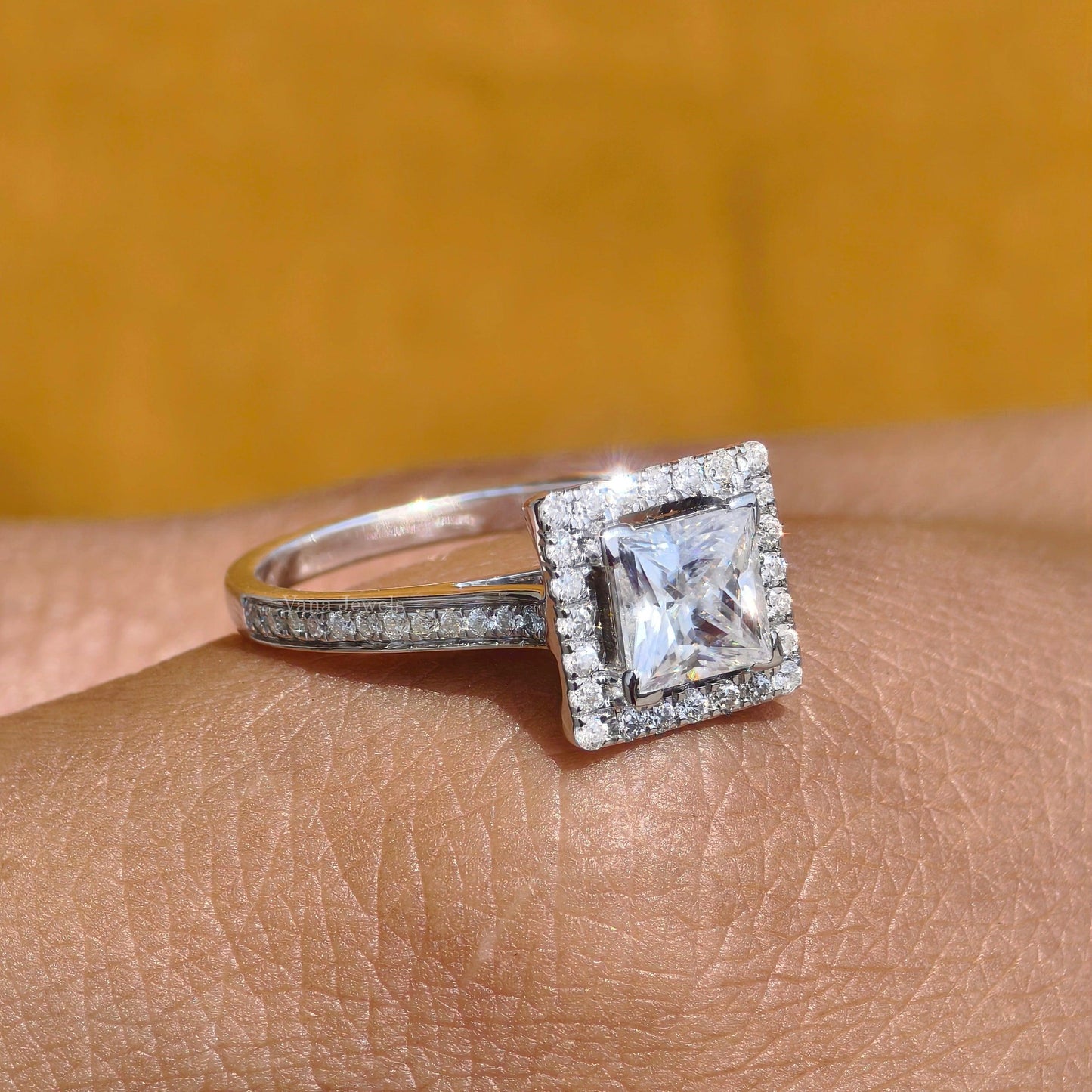 1.24 TCW Princess Cut Moissanite Halo And Pave Engagement Ring - Vana Jewels