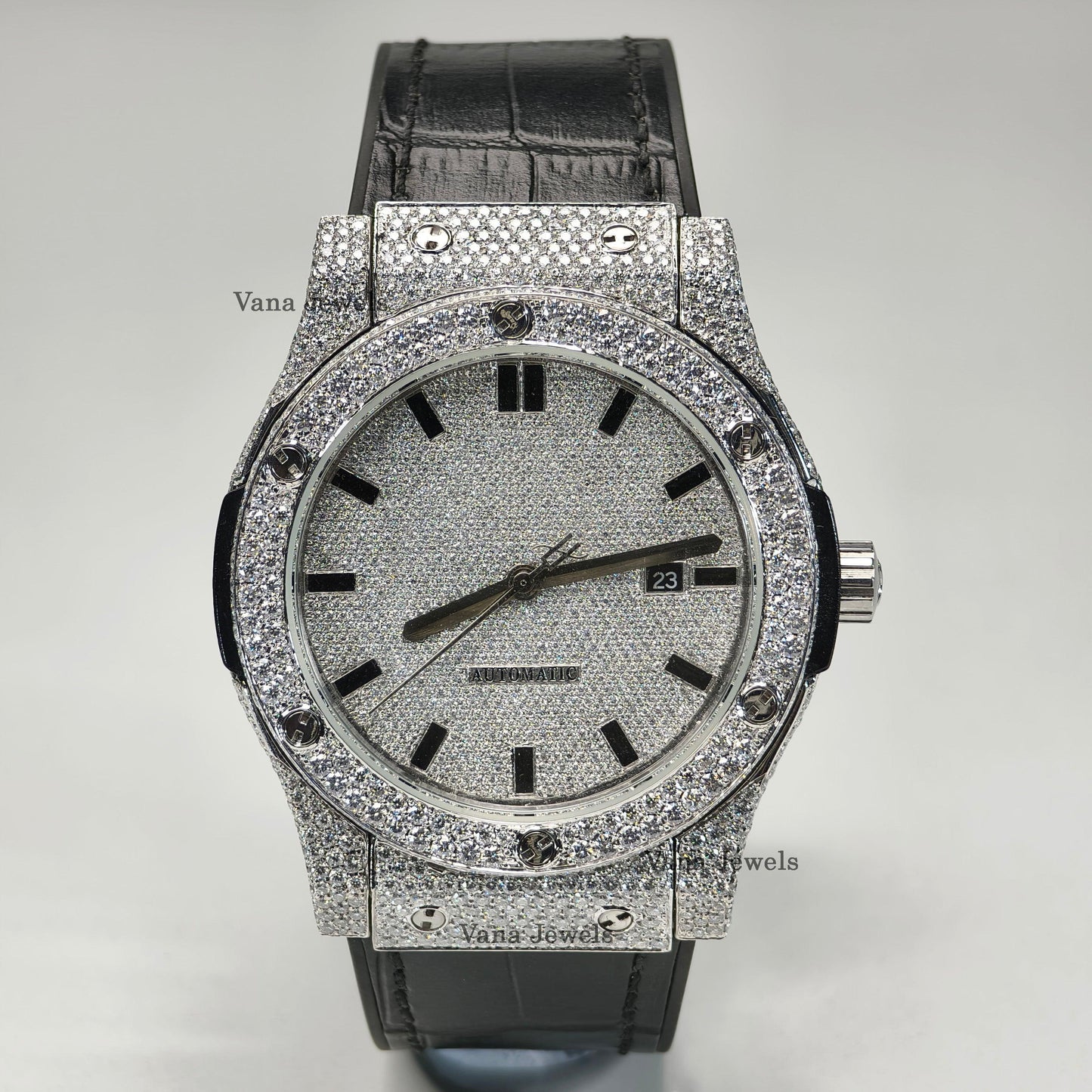 VVS Moissnaite Leather Belt Diamond Watch, Round Cut Diamond - Vana Jewels