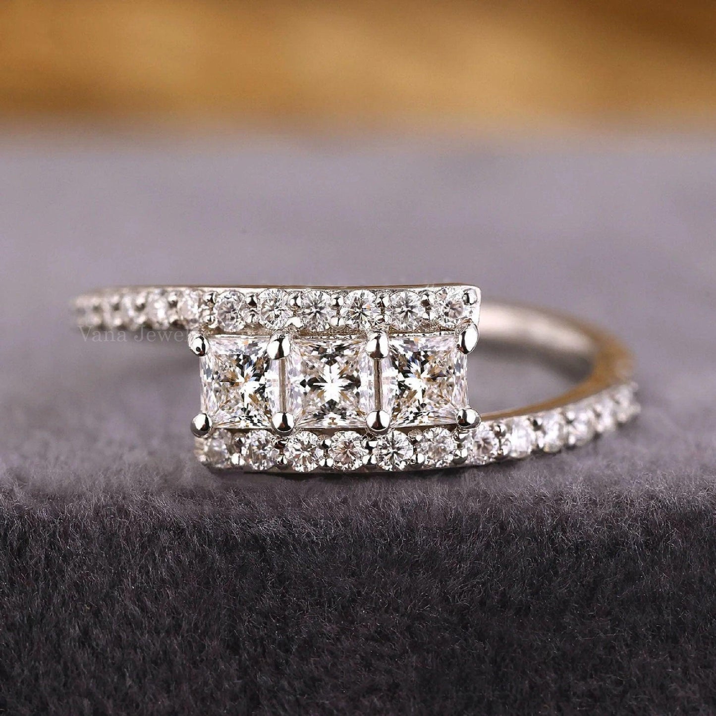 Three Stone Princess Cut Lab Grown Diamond Matching Wedding Band - Vana Jewels