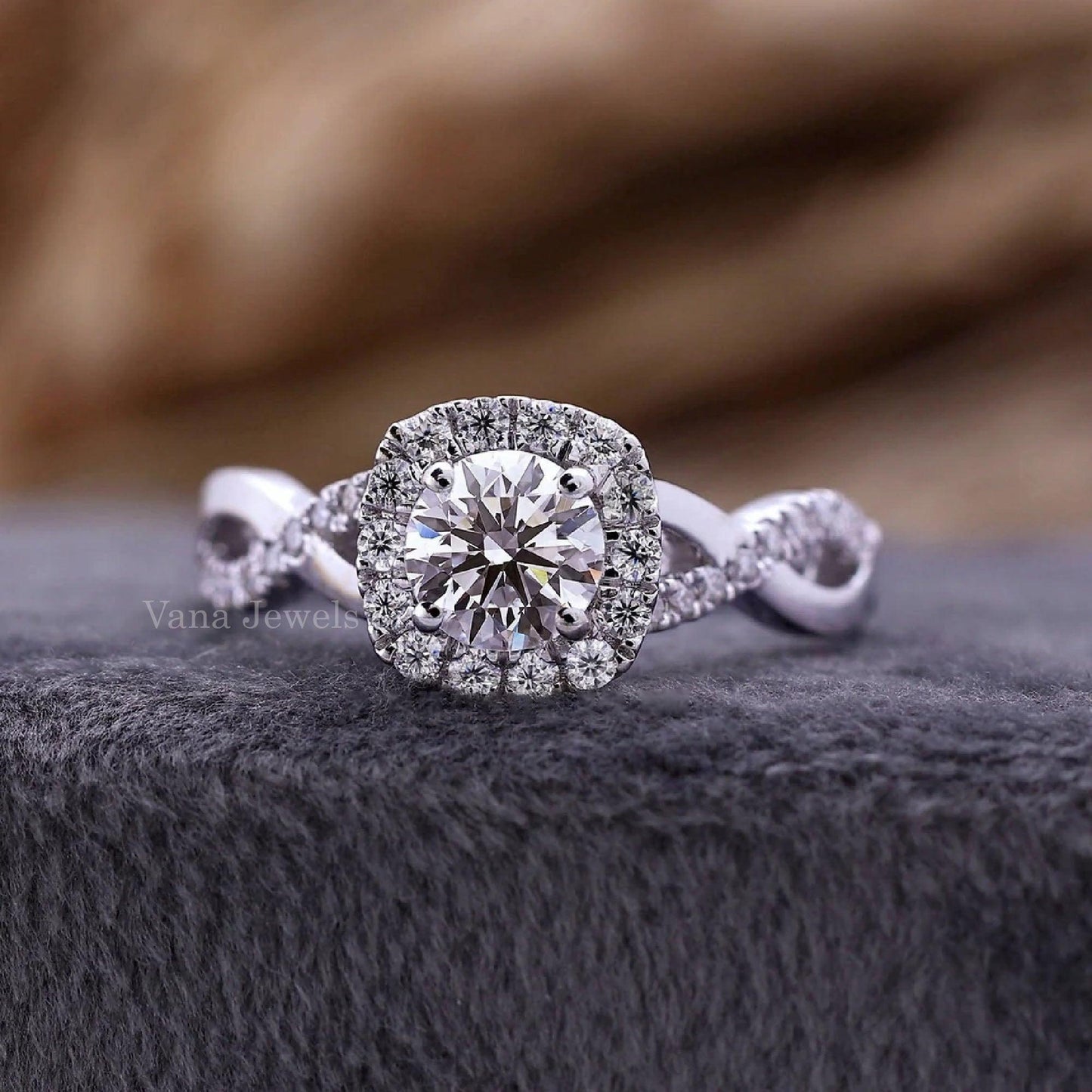 Twisted Pave Shank Round Lab Grown Diamond Halo Engagement Ring - Vana Jewels