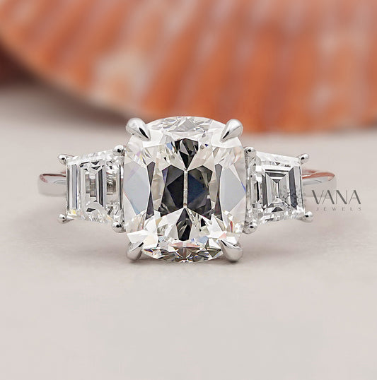 Cushion Old Mine Cut Three Stone Lab Grown Diamond Engagement Ring in White Gold