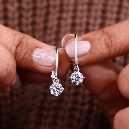 Dangle Drop Earrings, Round Cut Lab Grown Diamond Earrings - Vana Jewels