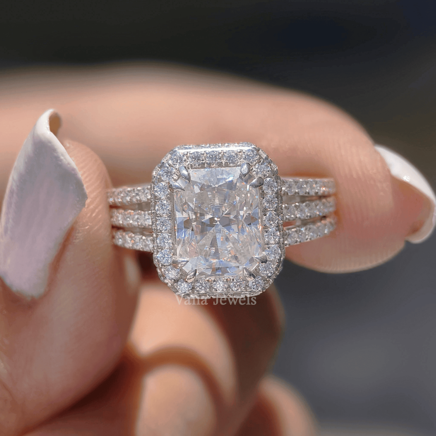 3.92 TCW Radiant Cut Moissanite Engagement Ring, Split Shank Ring, Celebrity Style Hidden Halo Ring - Vana Jewels