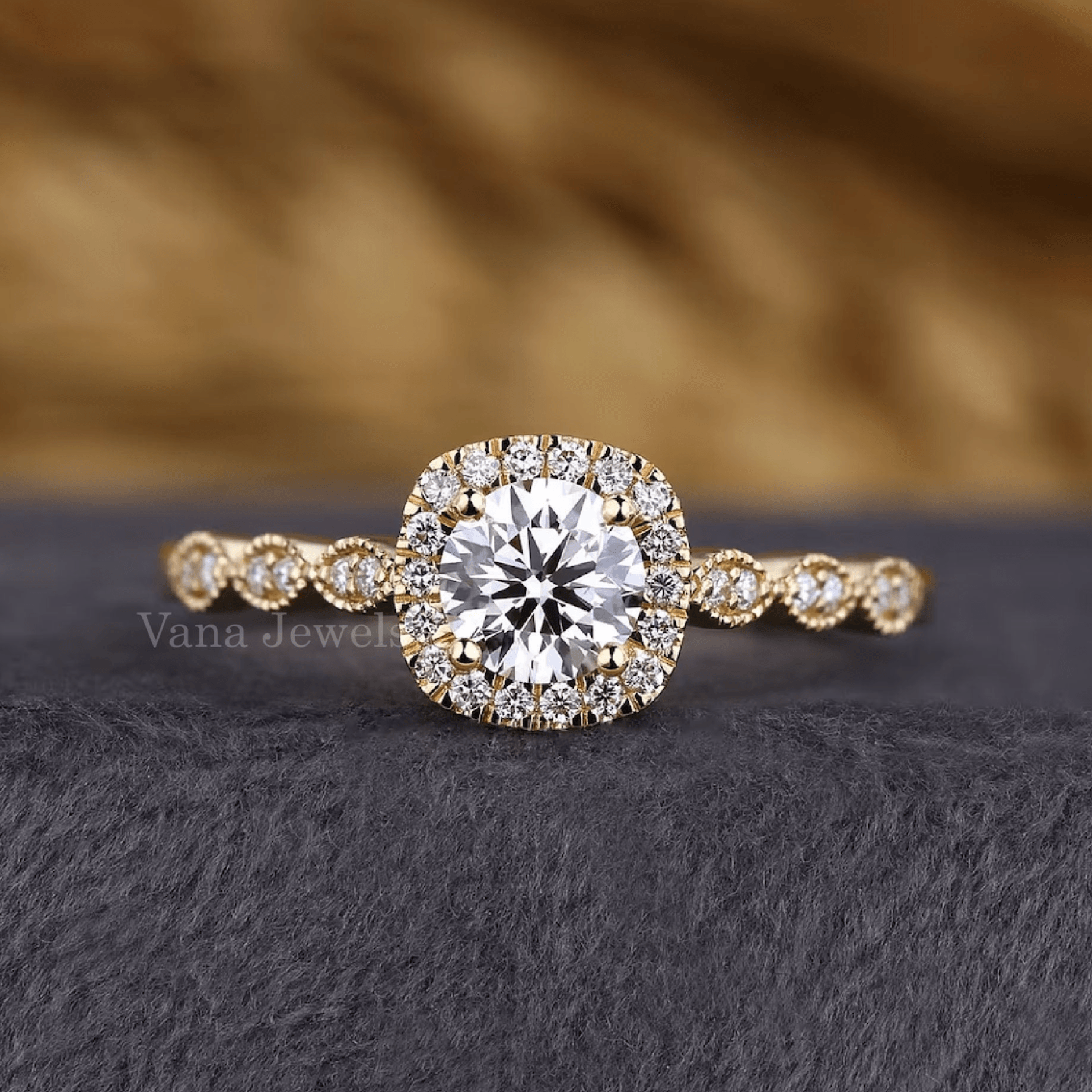 Round Lab Grown Diamond Halo - Pave Engagement Ring - Vana Jewels