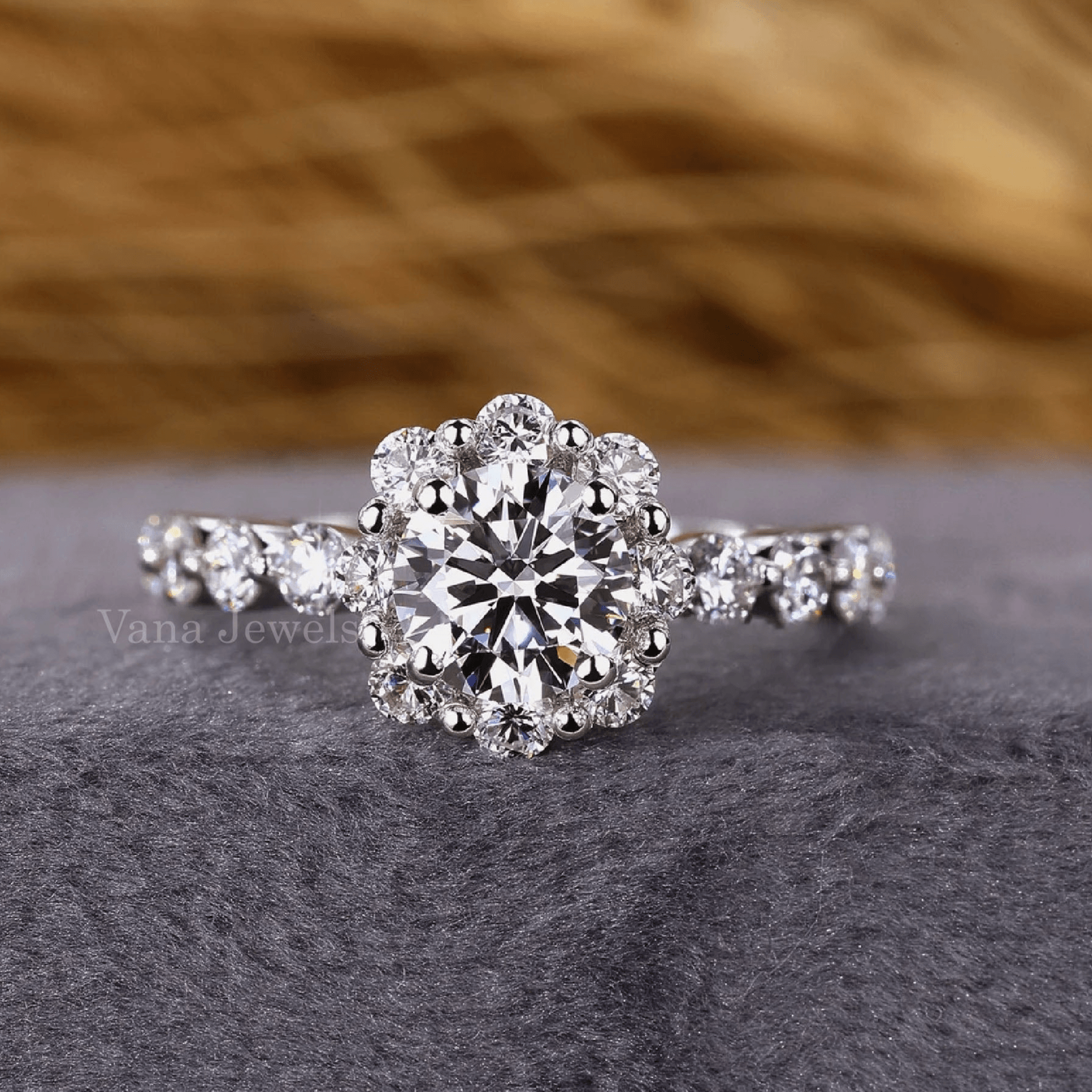 Round Cut Lab Grown Diamond Cluster Halo Engagement Ring - Vana Jewels