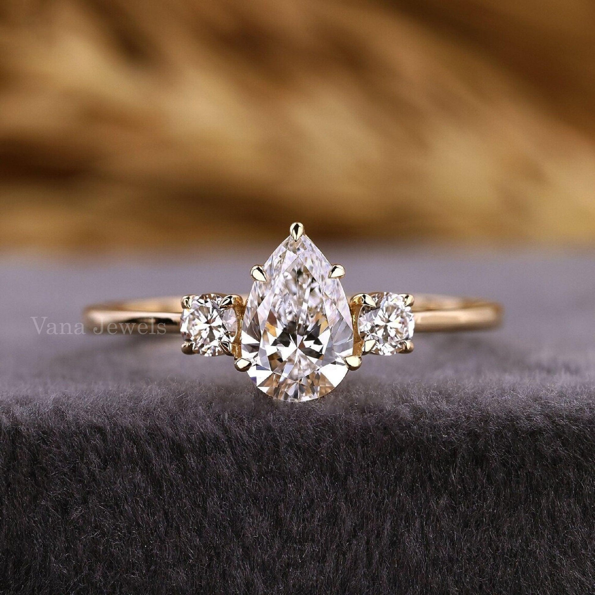 Pear & Round Cut Lab Grown Diamond Three Stone Engagement Ring - Vana Jewels