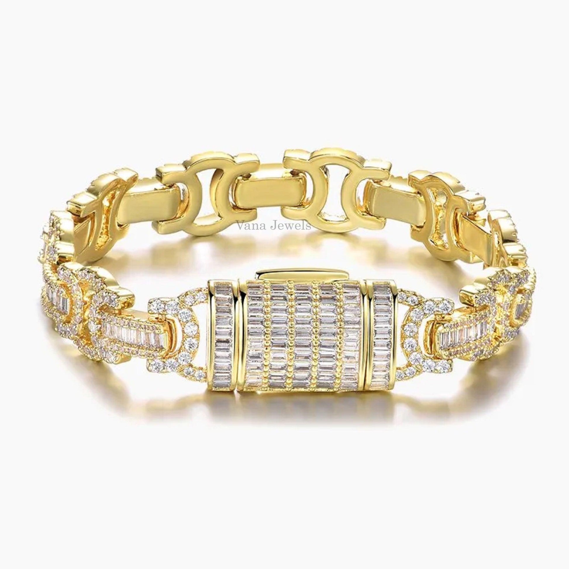 14mm Baguette & Round Moissanite iced Out Cuban Bracelet - Vana Jewels