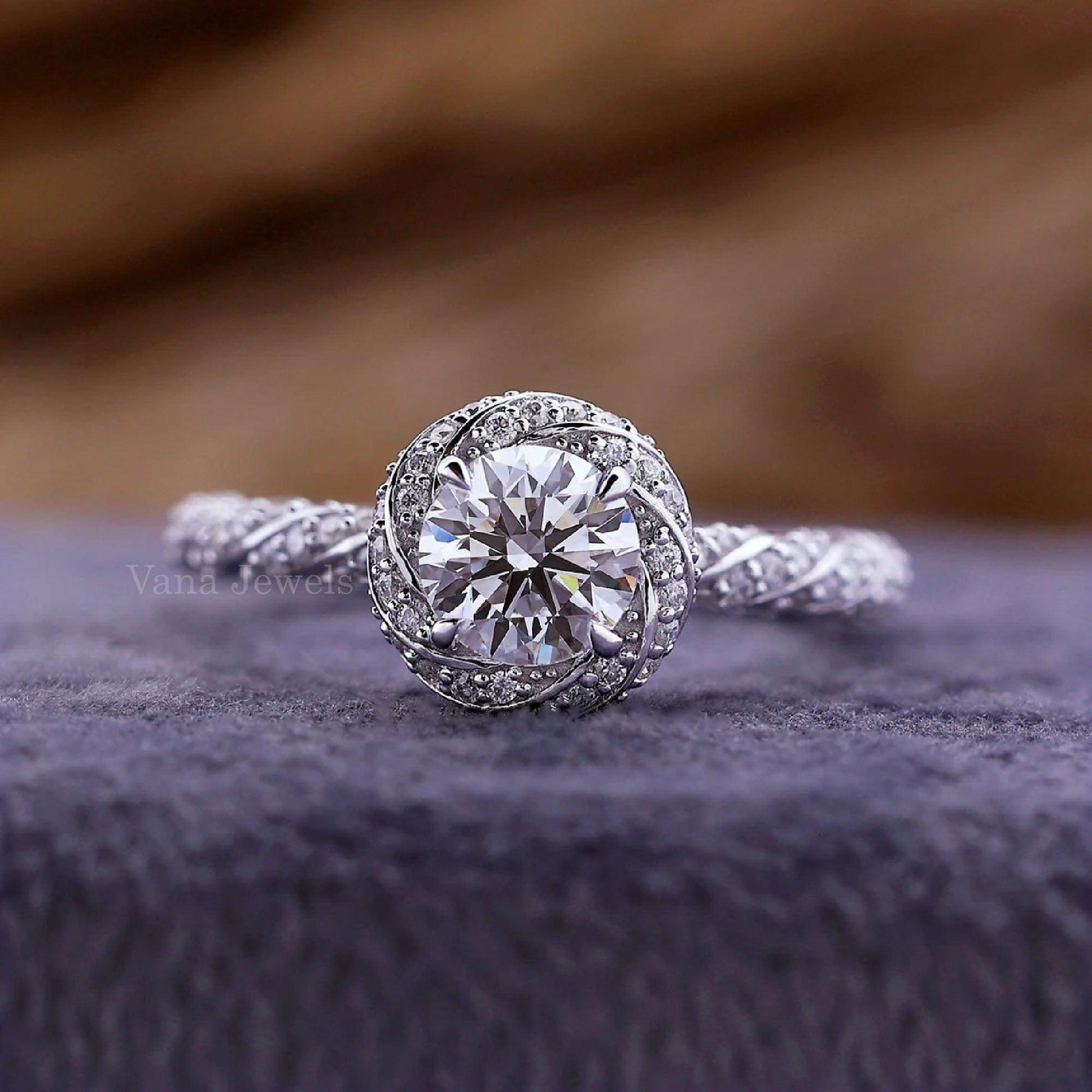 Unique Twisted Round Cut Lab Grown Diamond Halo Engagement Ring - Vana Jewels