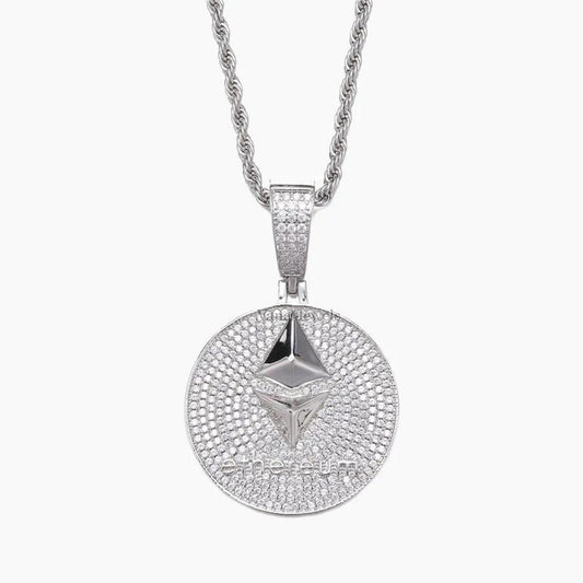 Ethereum Iced Out Pendant, Hip Hop Pendant, 925 Sterling Silver Round Cut Moissanite Pendant - Vana Jewels