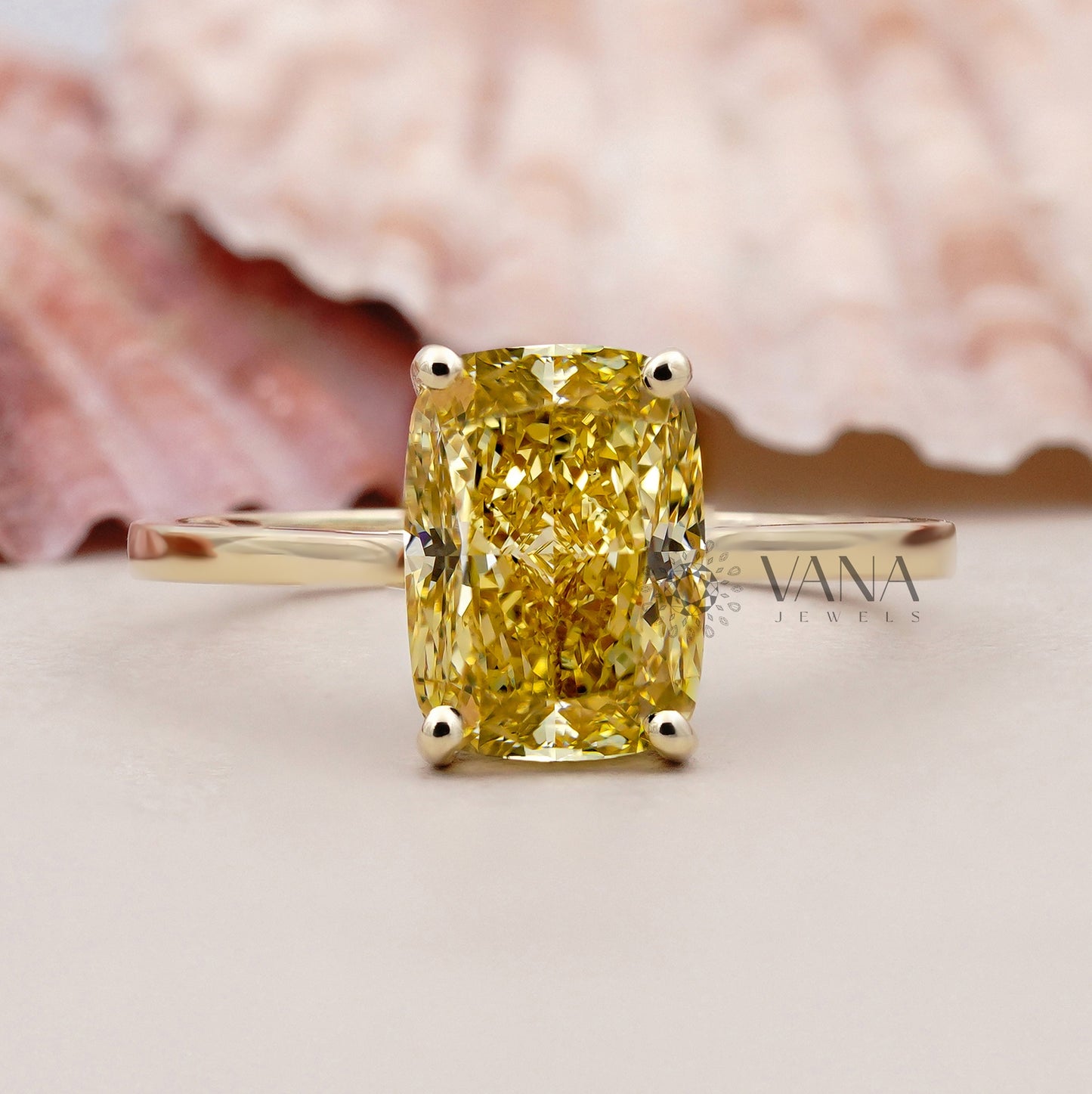 Fancy Yellow Cushion Cut Lab Grown Diamond Solitaire Ring in 14K Solid Gold