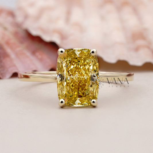 Fancy Yellow Cushion Cut Lab Grown Diamond Solitaire Ring in 14K Solid Gold