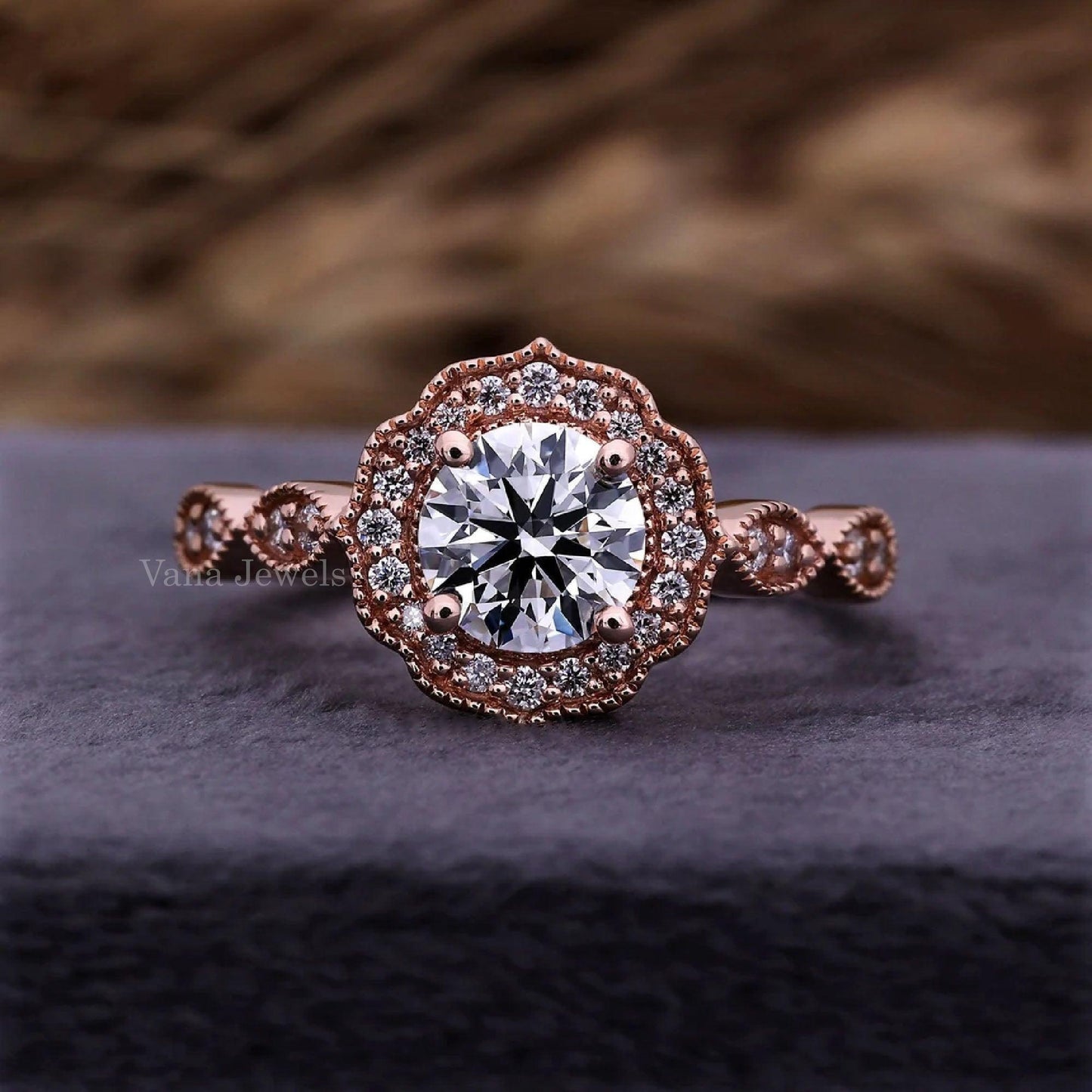 Round Hearts and Arrows Cut Diamond Ring, Unique Halo Lab Grown Diamond Engagement Ring - Vana Jewels