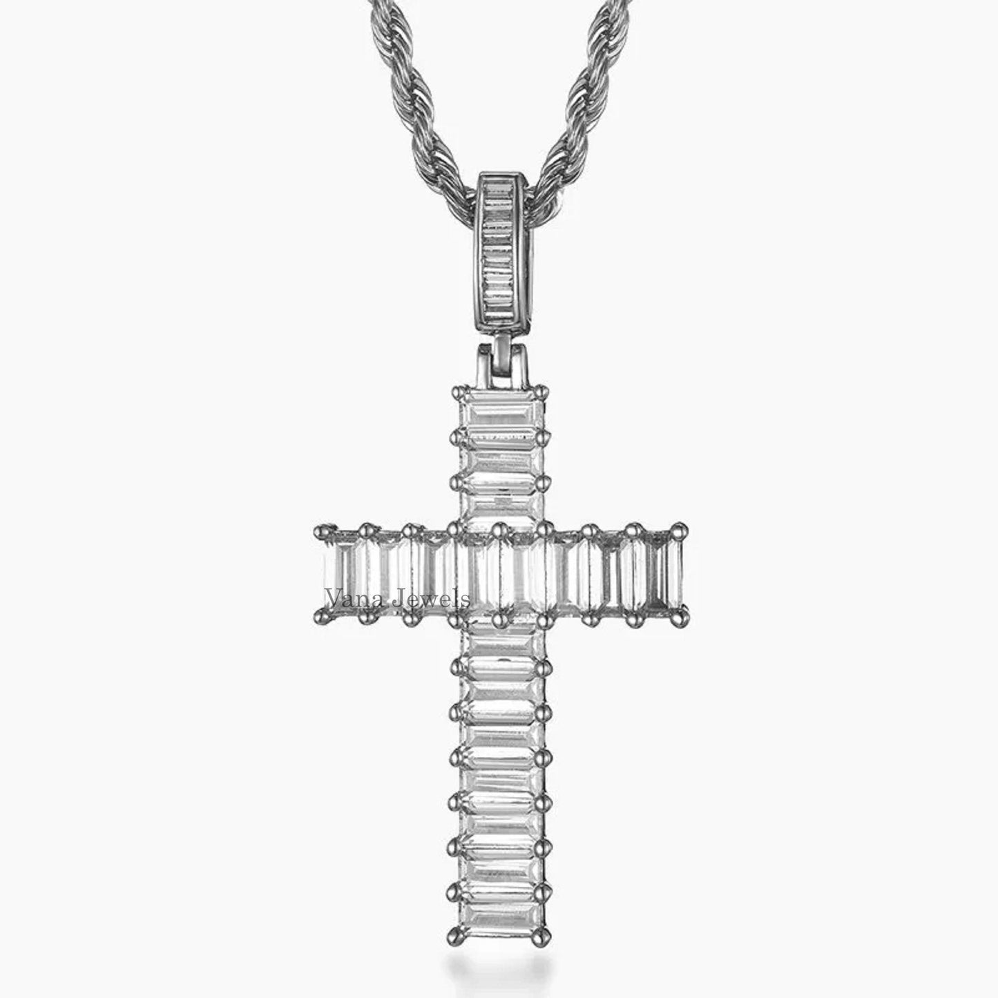 VVS Moissanite Diamond Emerald Cut Iced Out Cross Pendant - Vana Jewels