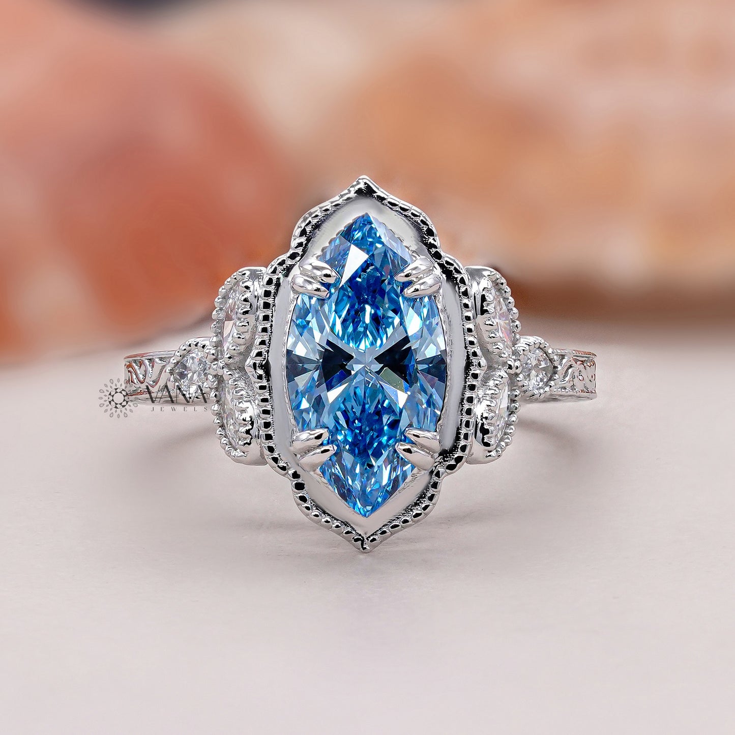 Vivid Blue Marquise Diamond Engagement Ring with Double Claw Prong & Milgrain Setting