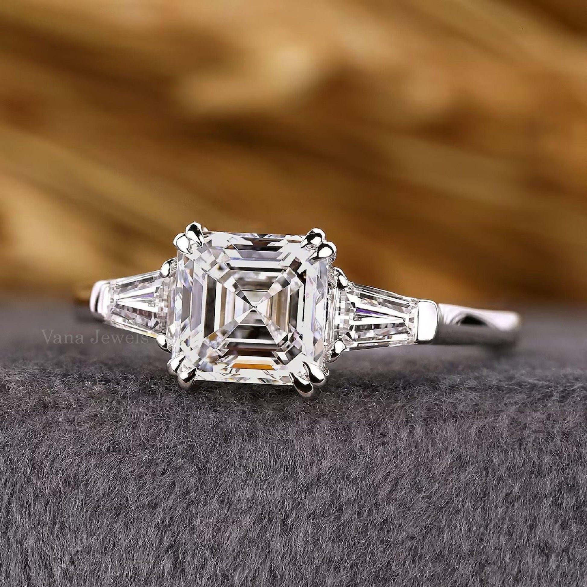 Unique Three Stone Asscher Cut Lab Grown Diamond Engagement Ring - Vana Jewels