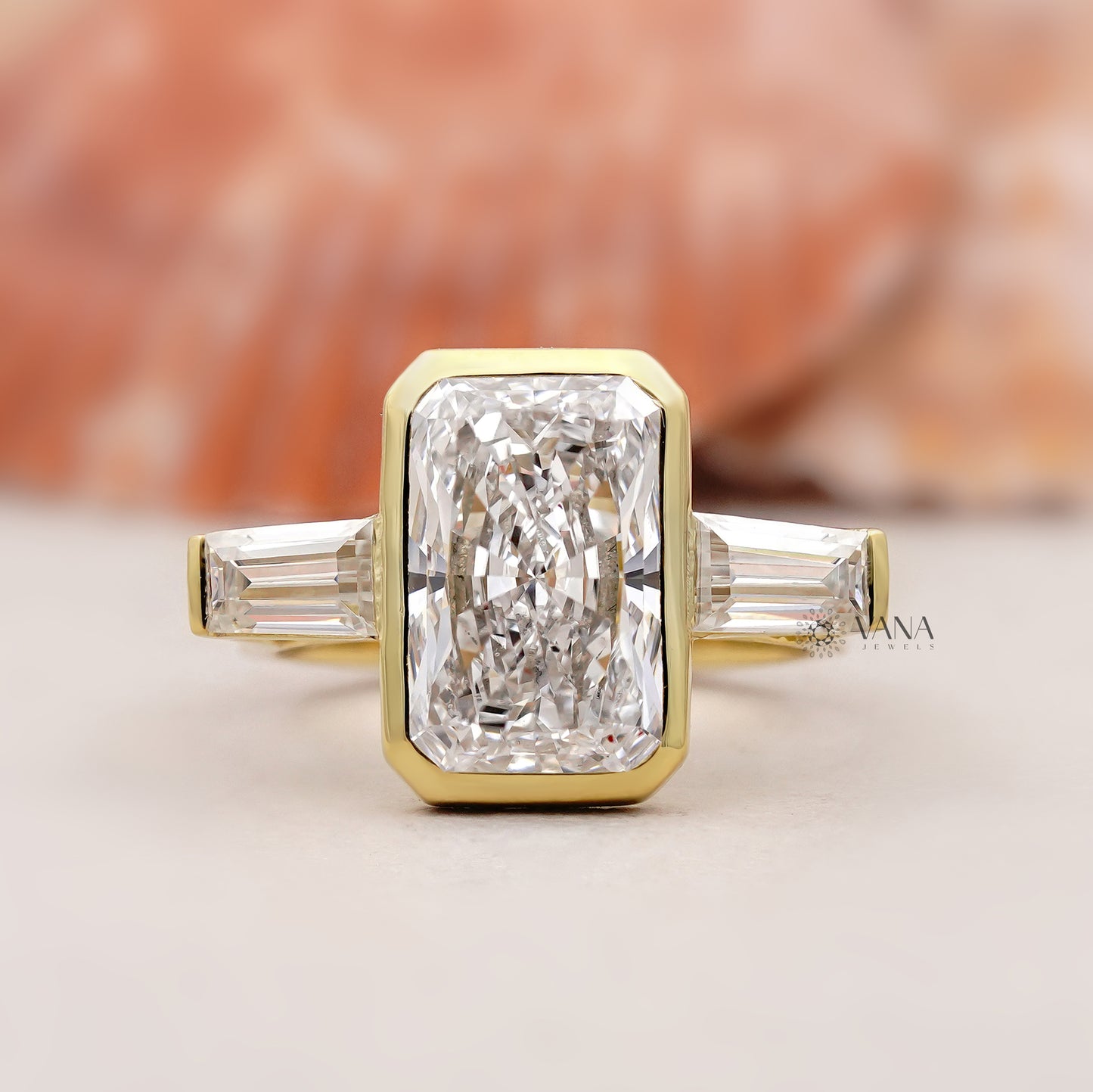 Radiant Cut Lab Grown Diamond Three Stone Engagement Ring with Tapered Baguette