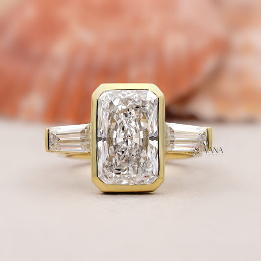 Radiant Cut Lab Grown Diamond Three Stone Engagement Ring with Tapered Baguette