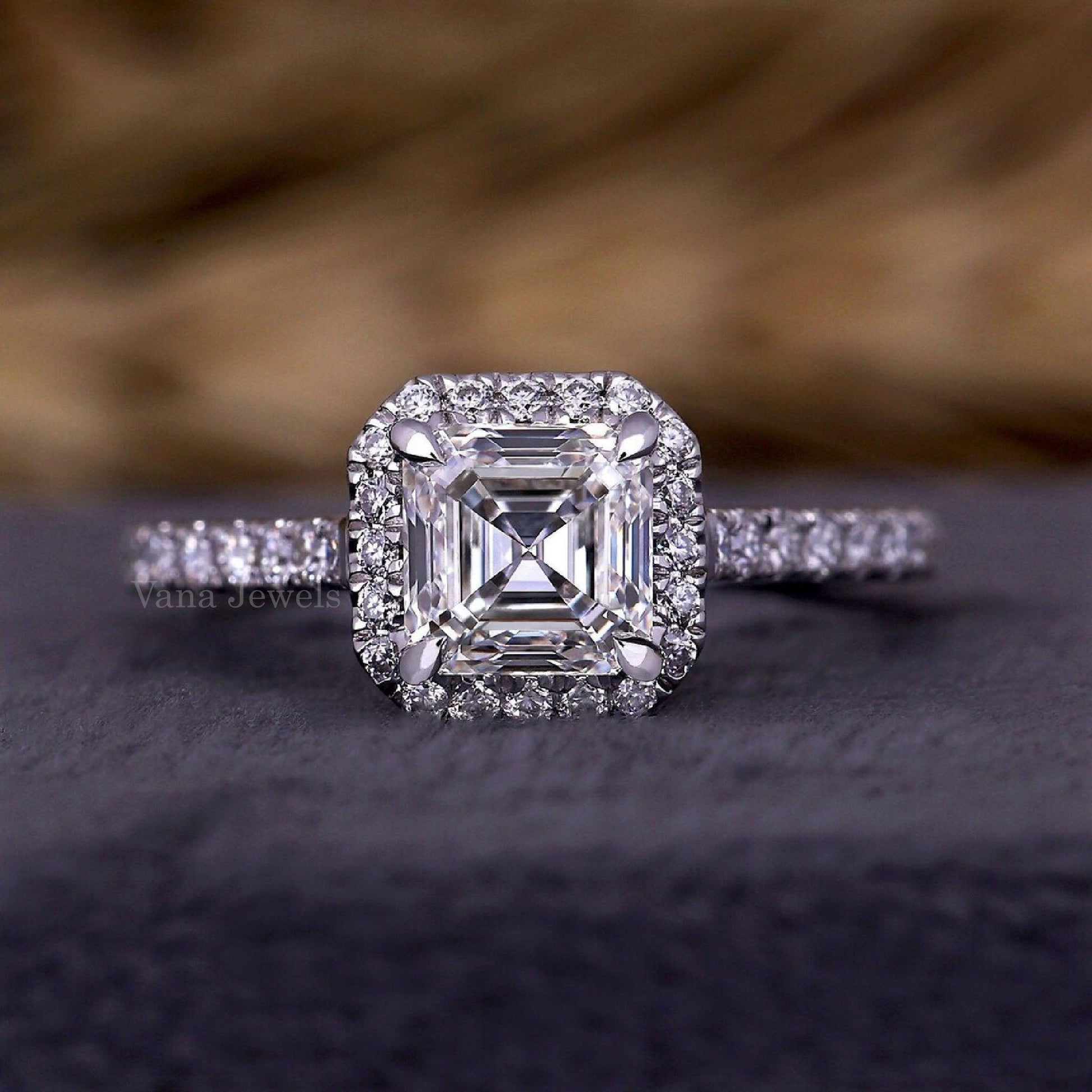 Asscher Cut Lab Created Diamond Halo Engagement Ring with Pave Setting - Vana Jewels