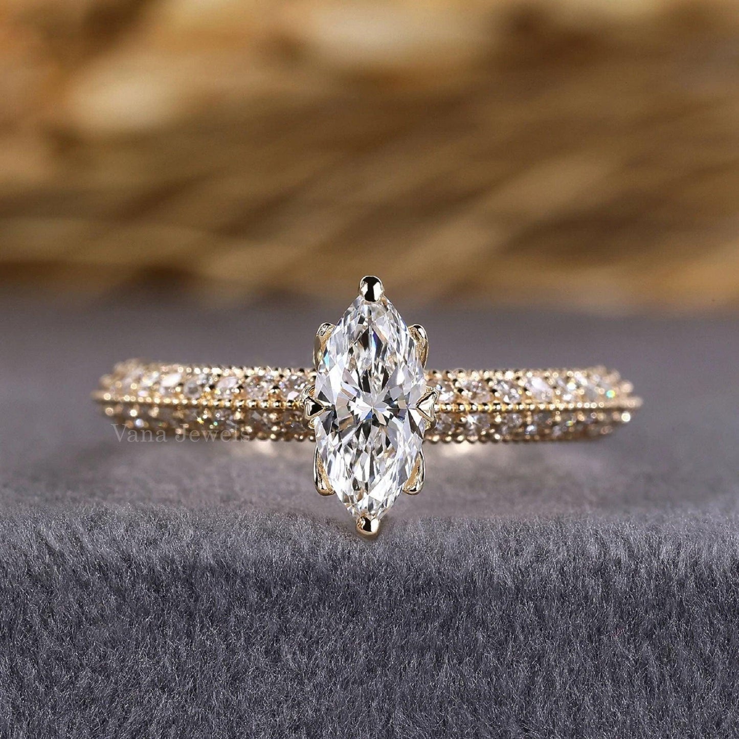 Unique Vintage Marquise Cut Lab Grown Diamond Engagement Ring, Three Side Pave Set Wedding Ring - Vana Jewels