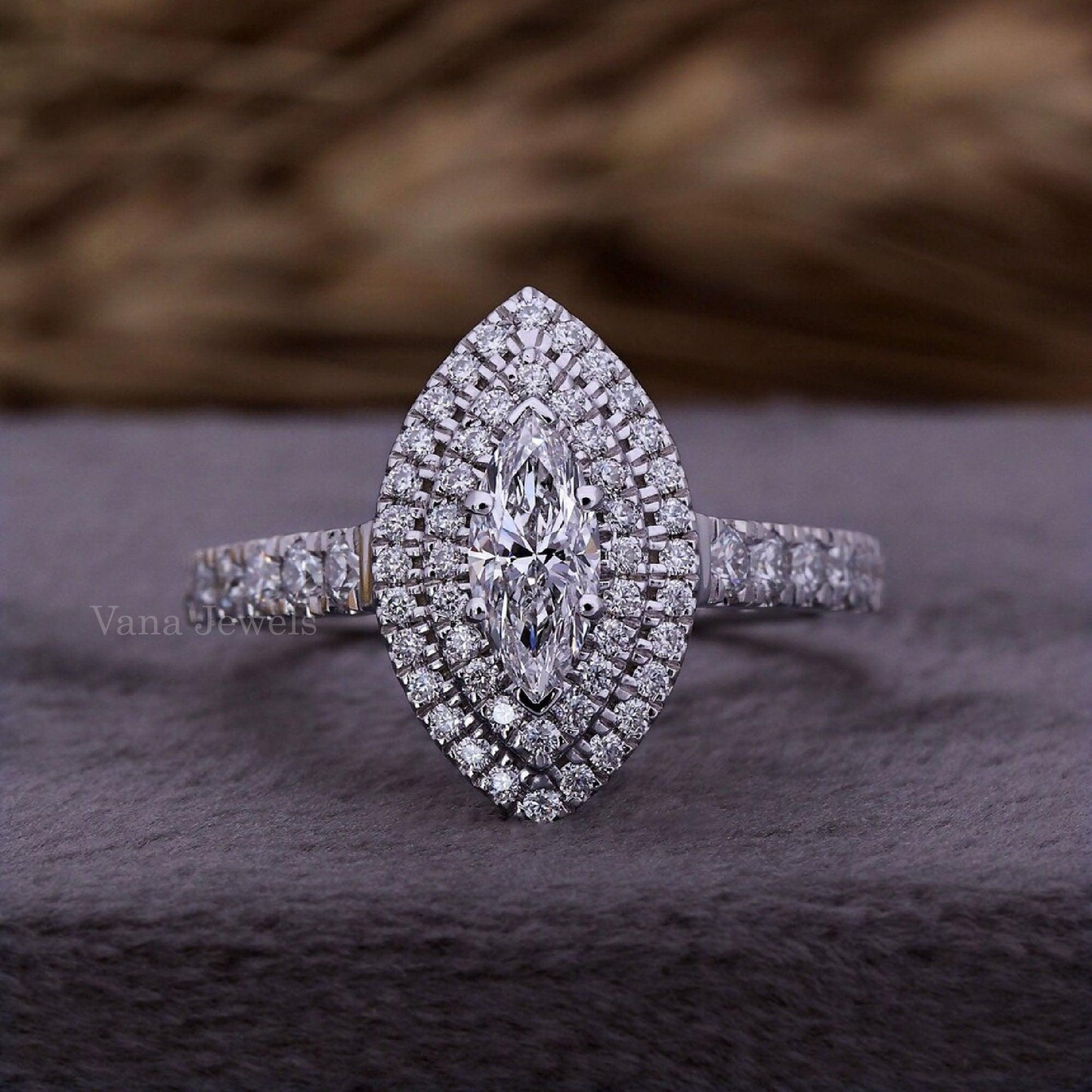 Marquise Cut Lab Grown Diamond Double Halo Engagement Ring - Vana Jewels