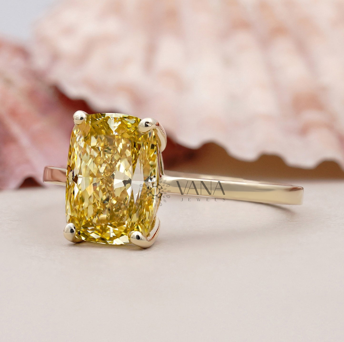 Fancy Yellow Cushion Cut Lab Grown Diamond Solitaire Ring in 14K Solid Gold