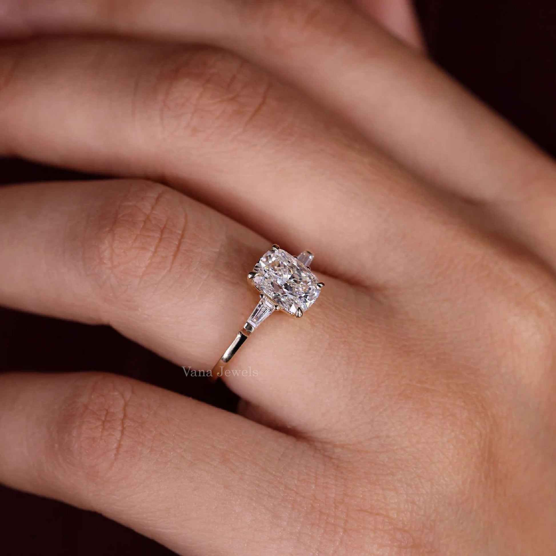 Cushion Cut Lab Created Diamond Three Stones Engagement Ring - Vana Jewels