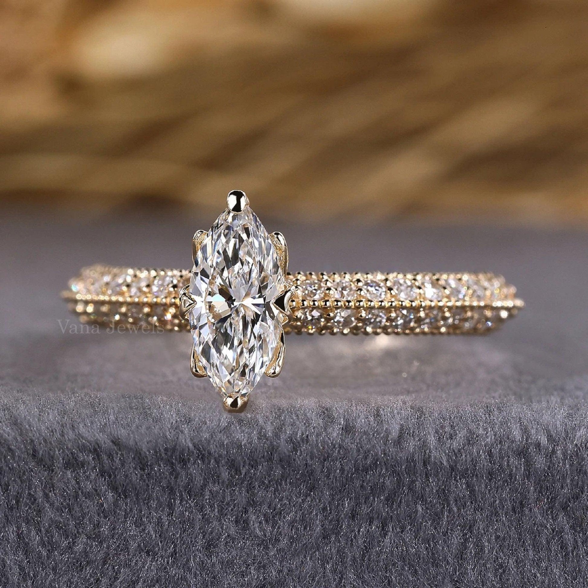 Unique Vintage Marquise Cut Lab Grown Diamond Engagement Ring, Three Side Pave Set Wedding Ring - Vana Jewels