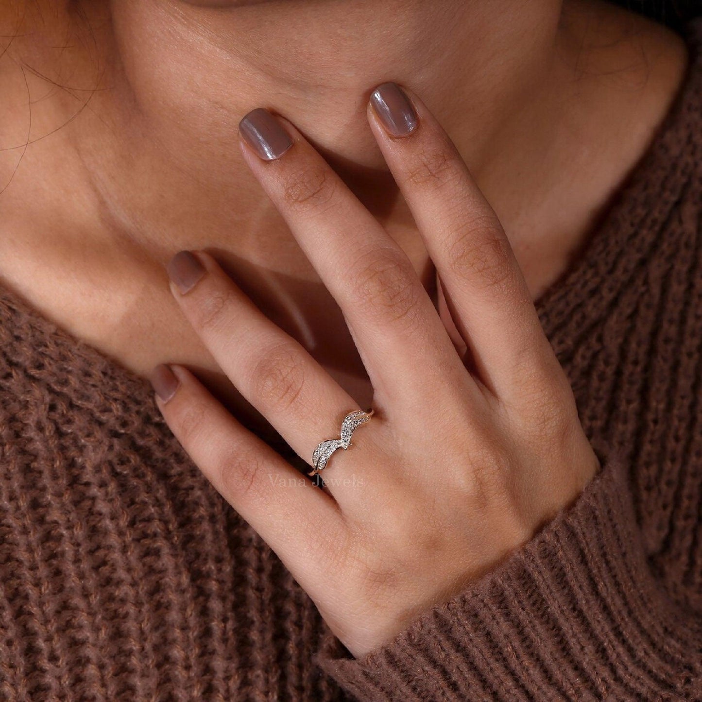 Unique Round Lab Grown Diamond Leaf Ring - Vana Jewels