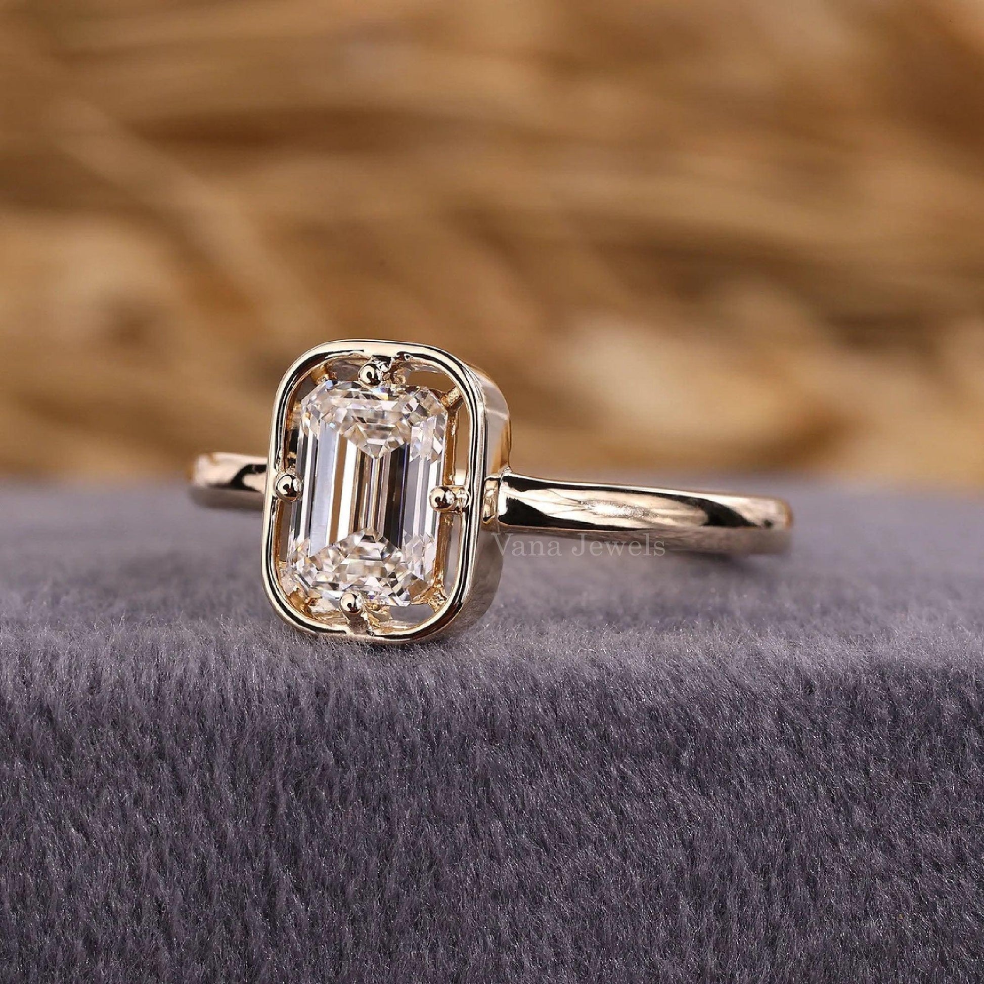 Antique Emerald Cut Lab Grown Diamond Engagement Ring - Vana Jewels