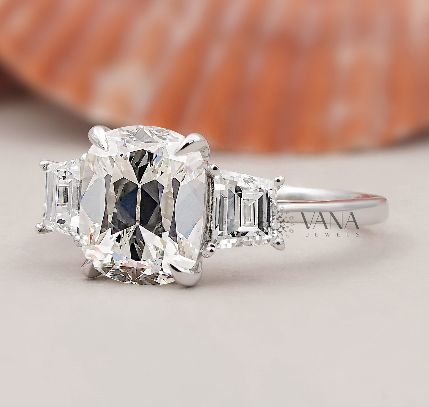 Cushion Old Mine Cut Three Stone Lab Grown Diamond Engagement Ring in White Gold