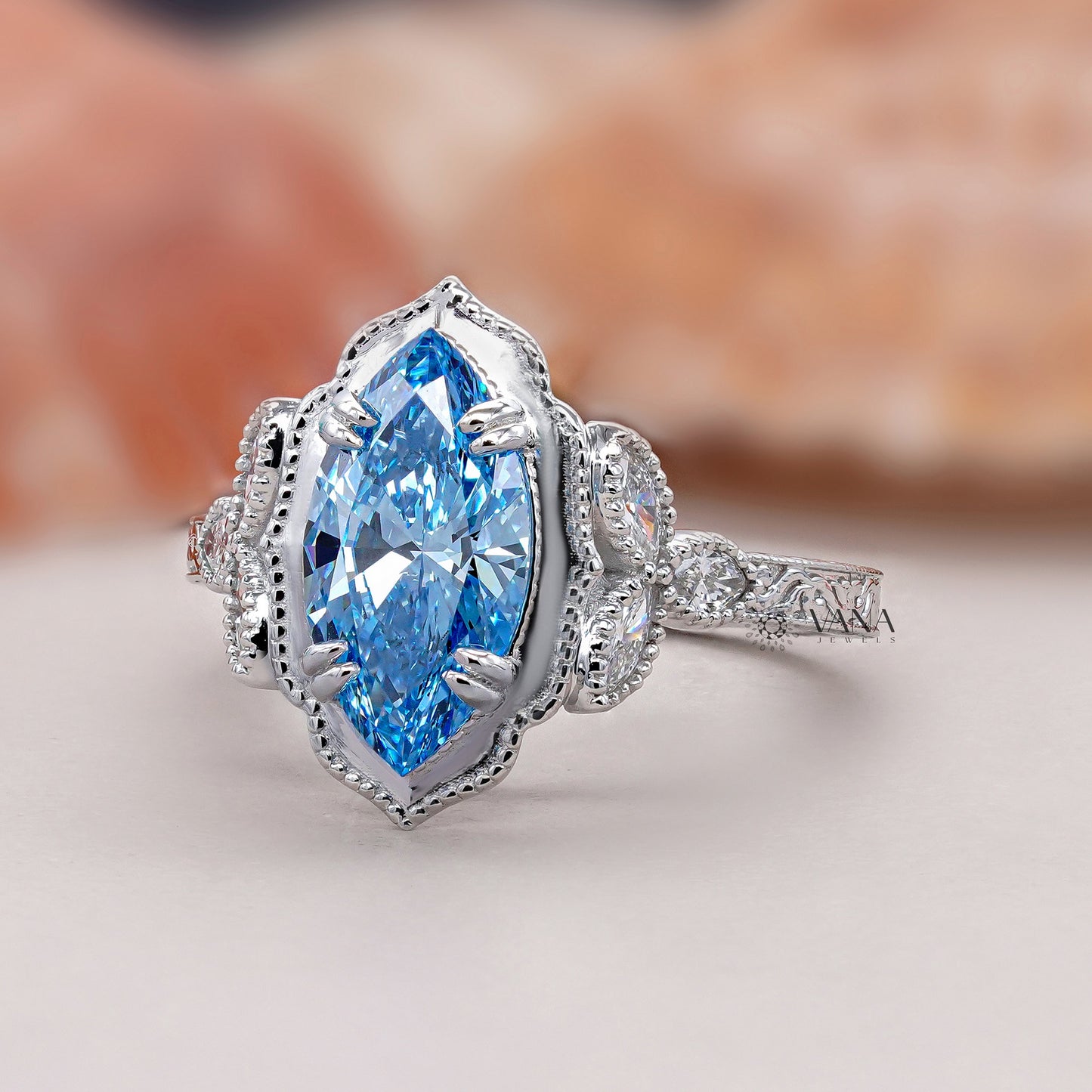 Vivid Blue Marquise Diamond Engagement Ring with Double Claw Prong & Milgrain Setting