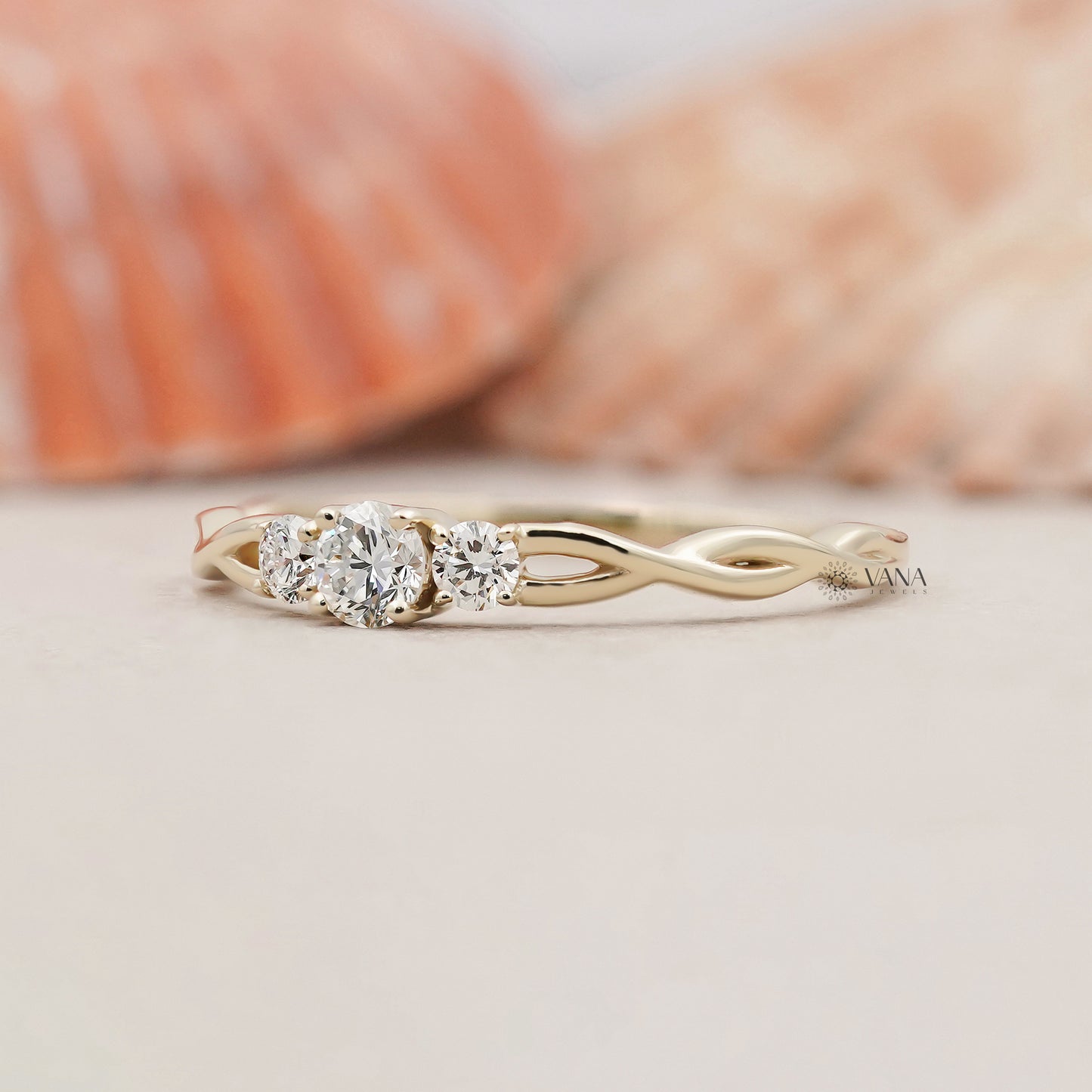 Minimalist Three Stone Round Lab Grown Diamond Twisted Wedding Band